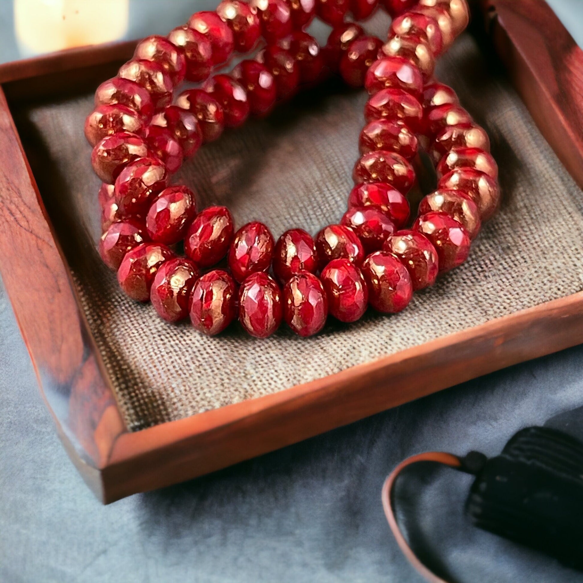 Dark Red Opaline Czech Glass Beads ~ 5x3mm Rondelle ~ Opaque Cranberry Red Glass with Bronze Picasso (R5/N-0262) * Qty. 30