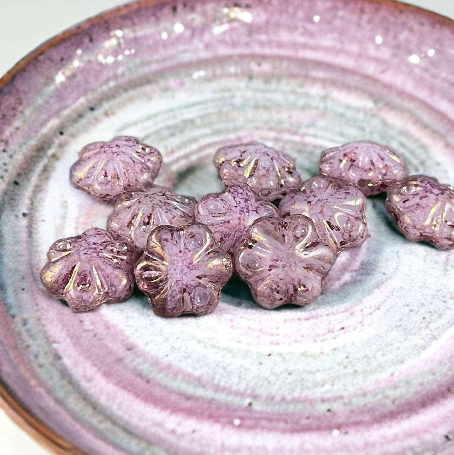 11mm Scalloped Puffy Czech Glass Flower Bead ~ Pale Pink with Marbled Purple Picasso Finish (PFS15) * Qty. 8