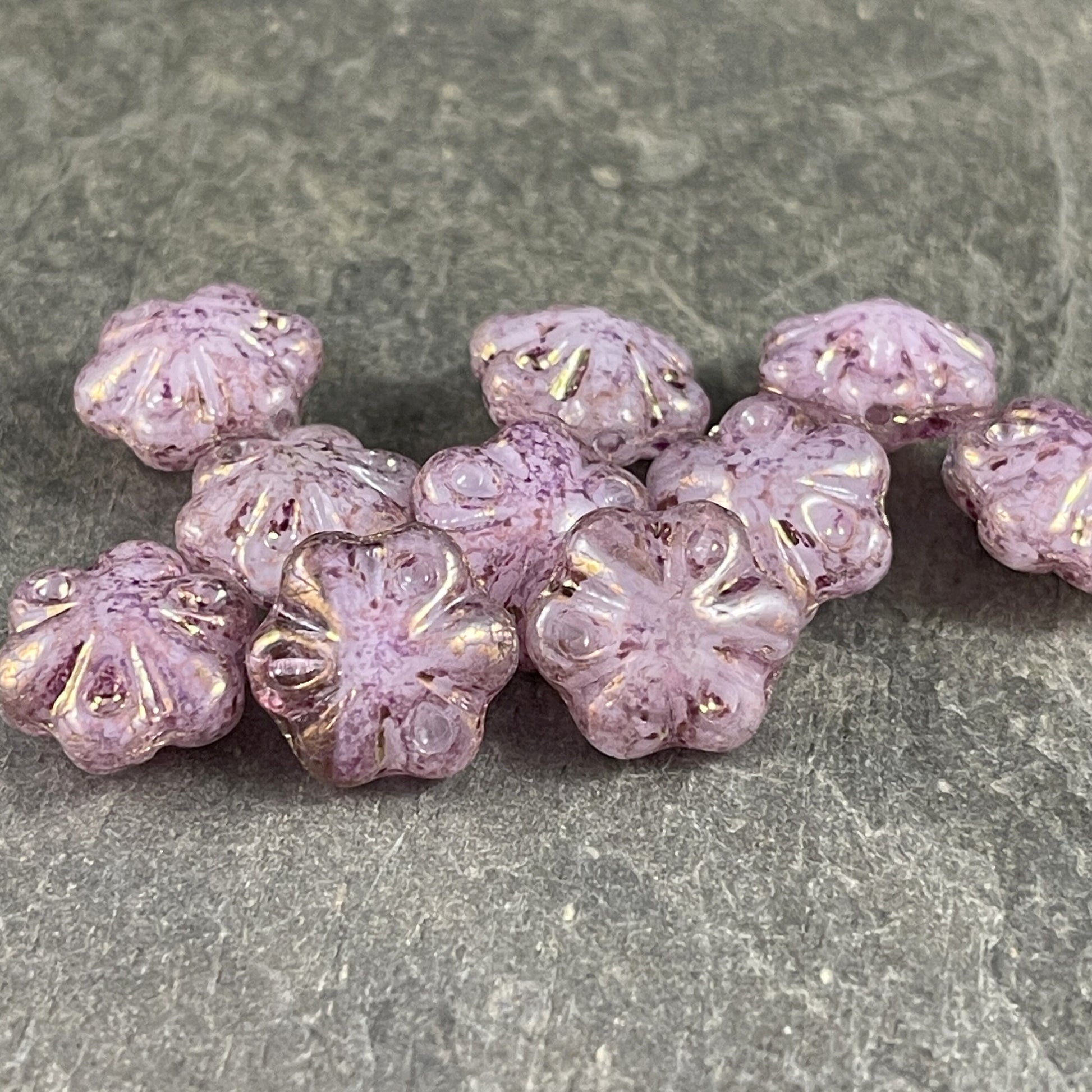 11mm Scalloped Puffy Czech Glass Flower Bead ~ Pale Pink with Marbled Purple Picasso Finish (PFS15) * Qty. 8