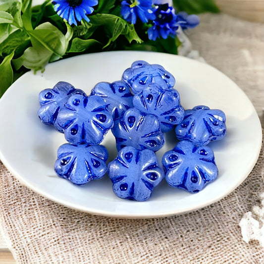 11mm Scalloped Puffy Flower ~ Denim Blue Czech Glass Flower Beads with Darker Blue Wash (PFS5) * Qty. 8