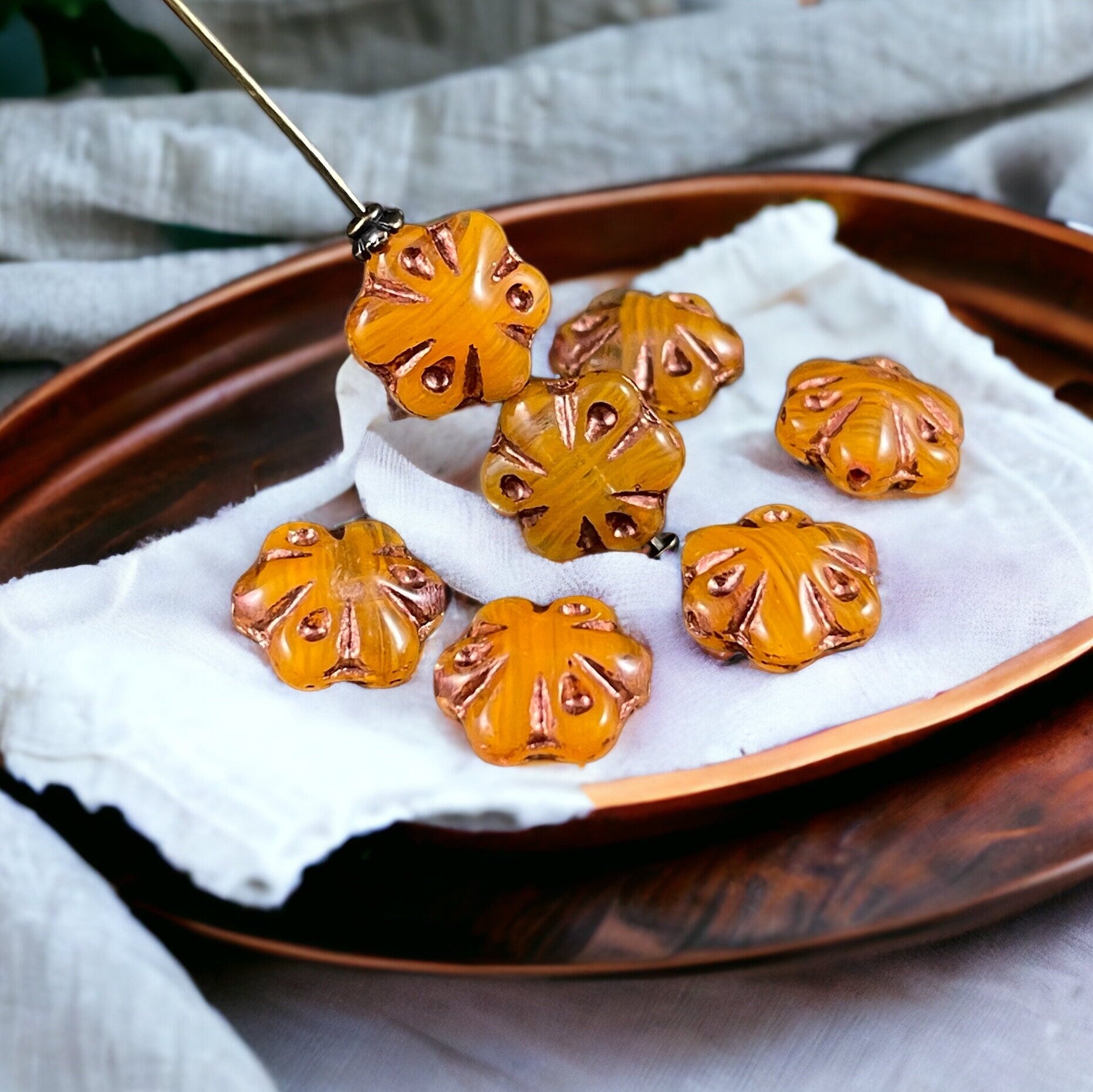 Orange Glass Flower Beads Mango Orange with Copper Wash 11mm Scalloped Puffy Flower Bead Czech Glass Beads (PFS10) * Qty. 8