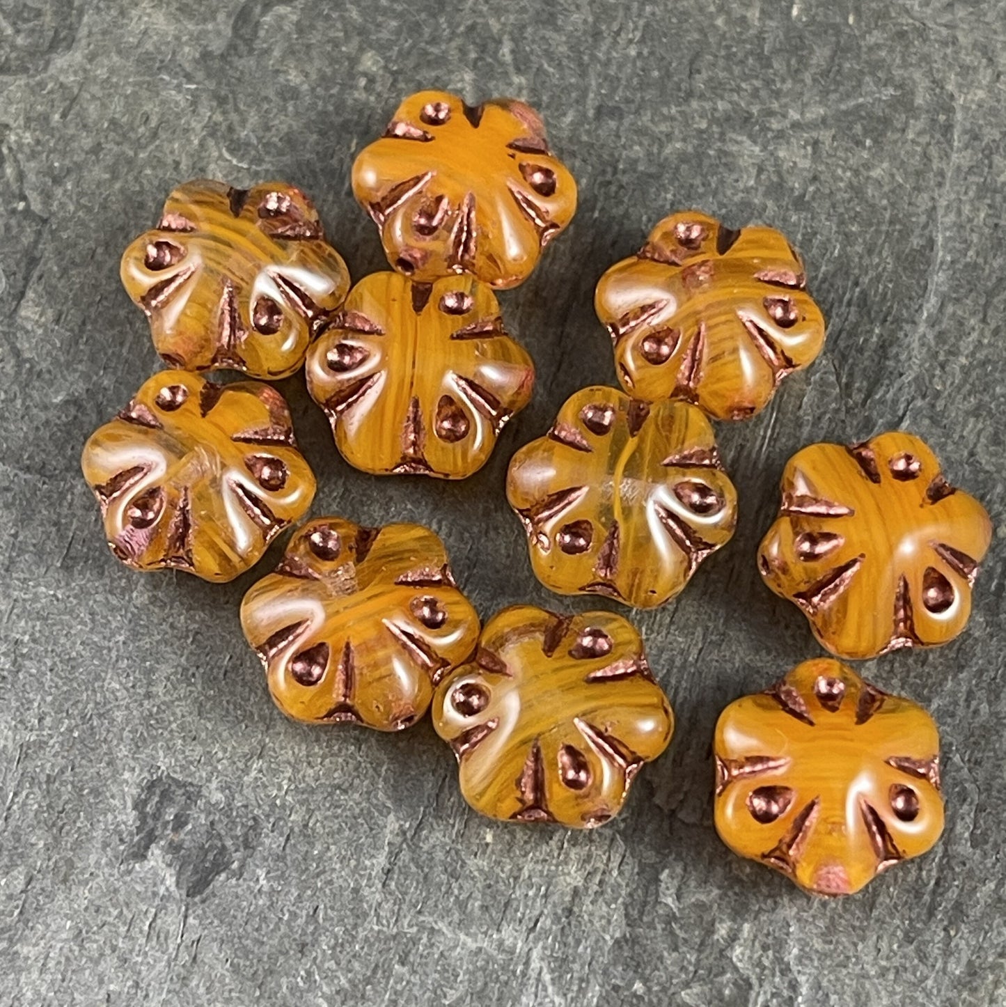 Orange Glass Flower Beads Mango Orange with Copper Wash 11mm Scalloped Puffy Flower Bead Czech Glass Beads (PFS10) * Qty. 8