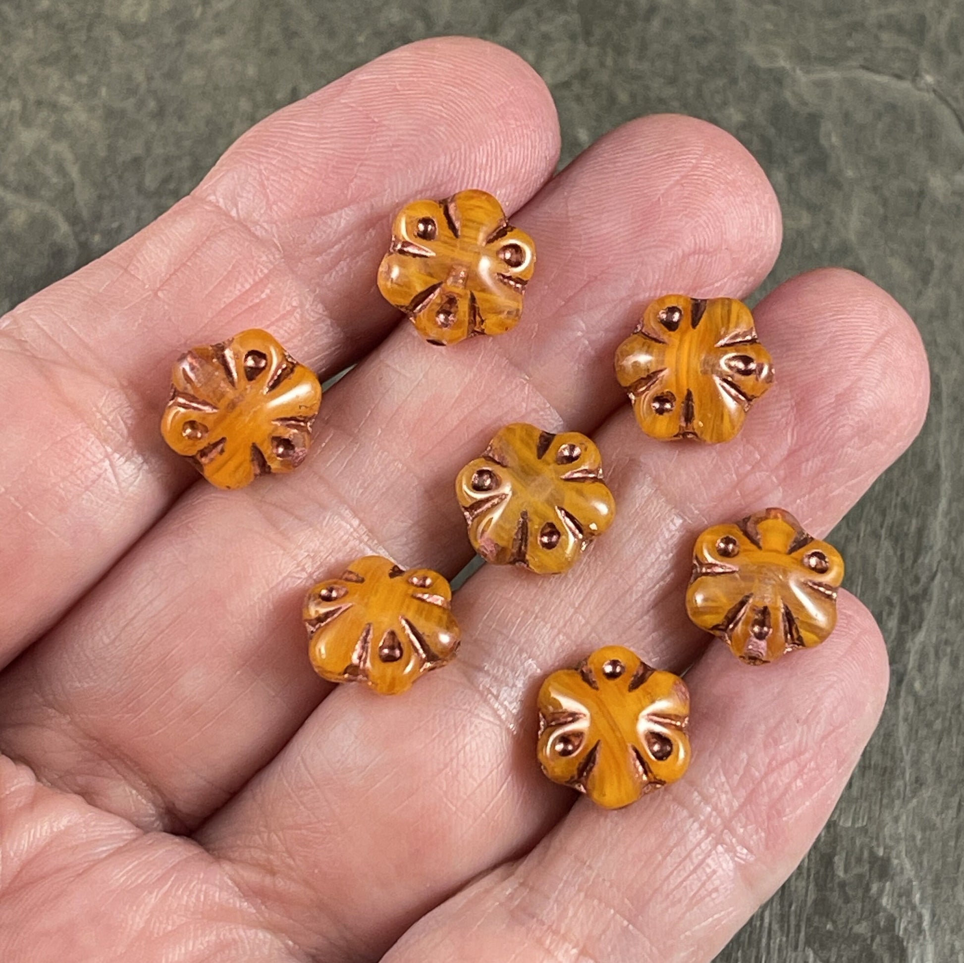 Orange Glass Flower Beads Mango Orange with Copper Wash 11mm Scalloped Puffy Flower Bead Czech Glass Beads (PFS10) * Qty. 8