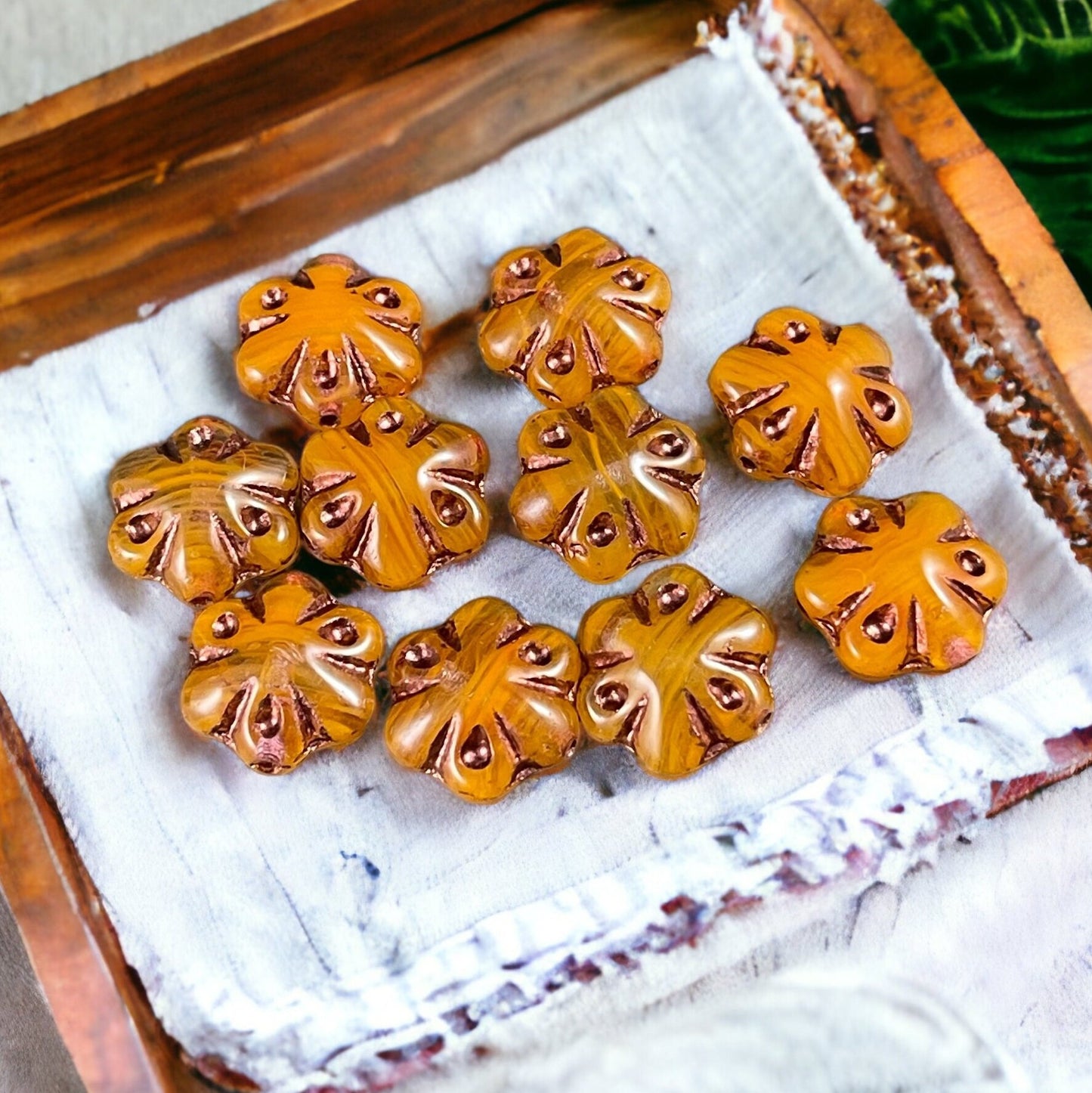 Orange Glass Flower Beads Mango Orange with Copper Wash 11mm Scalloped Puffy Flower Bead Czech Glass Beads (PFS10) * Qty. 8