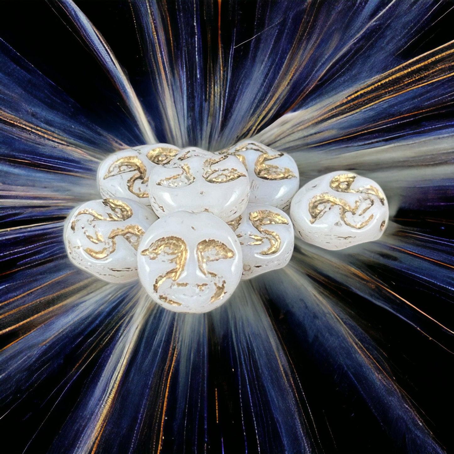 Man in the Moon Moon Face Beads Czech Glass Moon Beads Opaque White with Gold Wash (MOON/RJ-4739) * Qty. 6