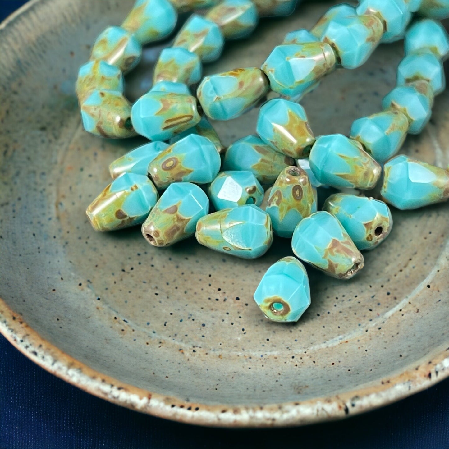 8mm Blue Teardrop Beads Turquoise Picasso Czech Glass Beads 8mm Turquoise Silk Picasso Faceted Teardrops (DRO/RJ-2064) * Qty. 15