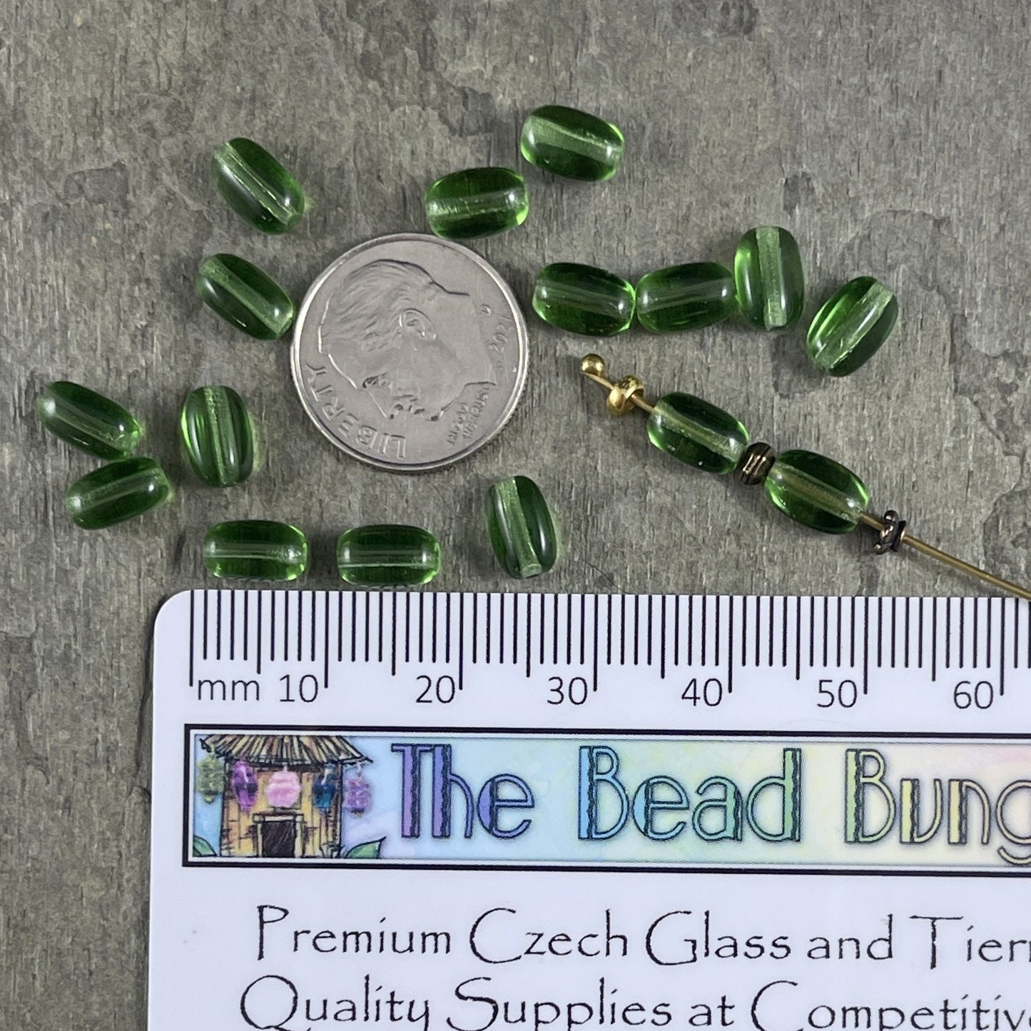 Tourmaline Green Czech Glass Beads ~ 7x5mm Transparent Green Small Oval Rice Bead (RJ-2157) * Qty. 25