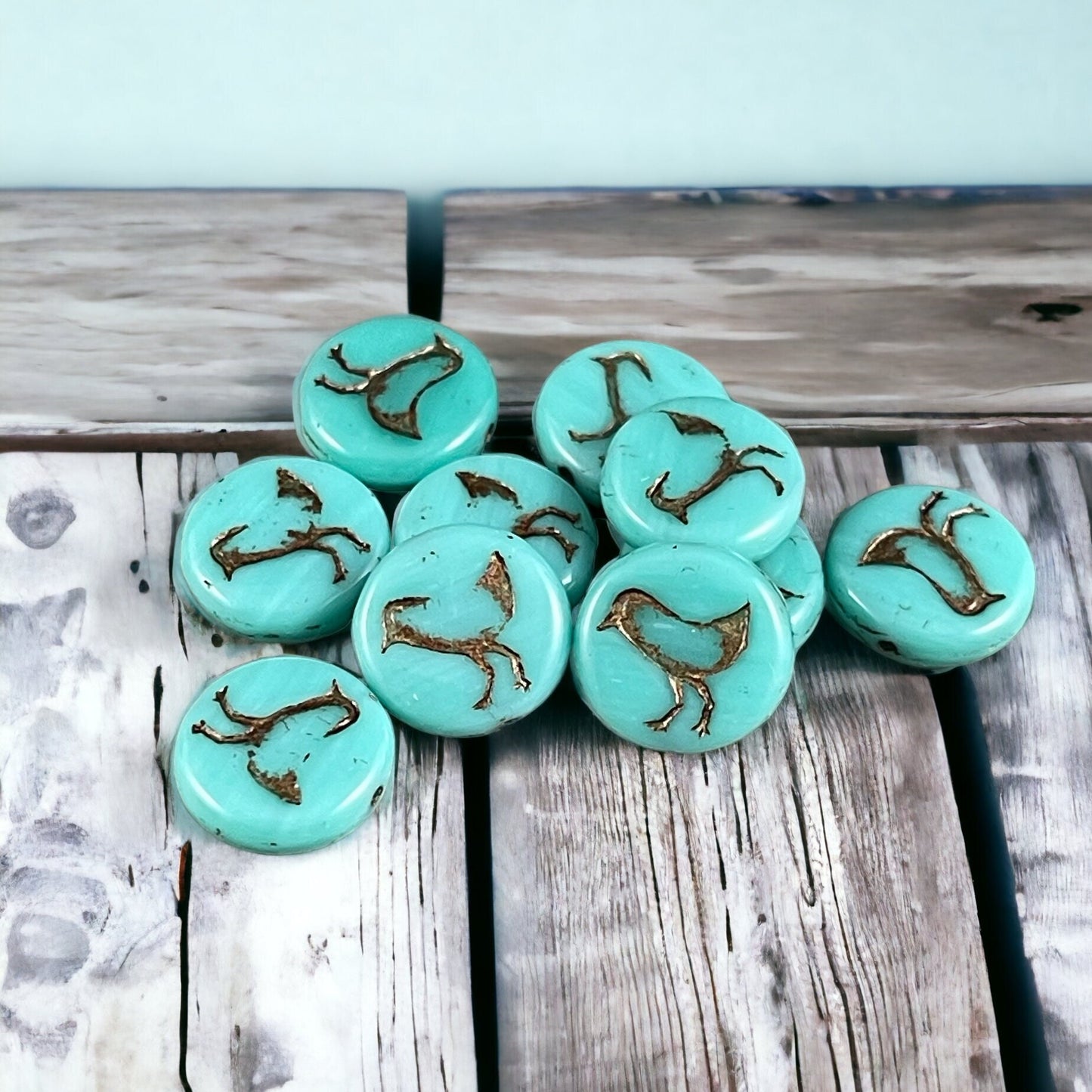 Turquoise and Bronze Bird Theme Beads Nature Beads Turquoise Green Czech Glass Beads 12mm Czech Glass Coin (COIN/RJ-4710) * Qty. 10