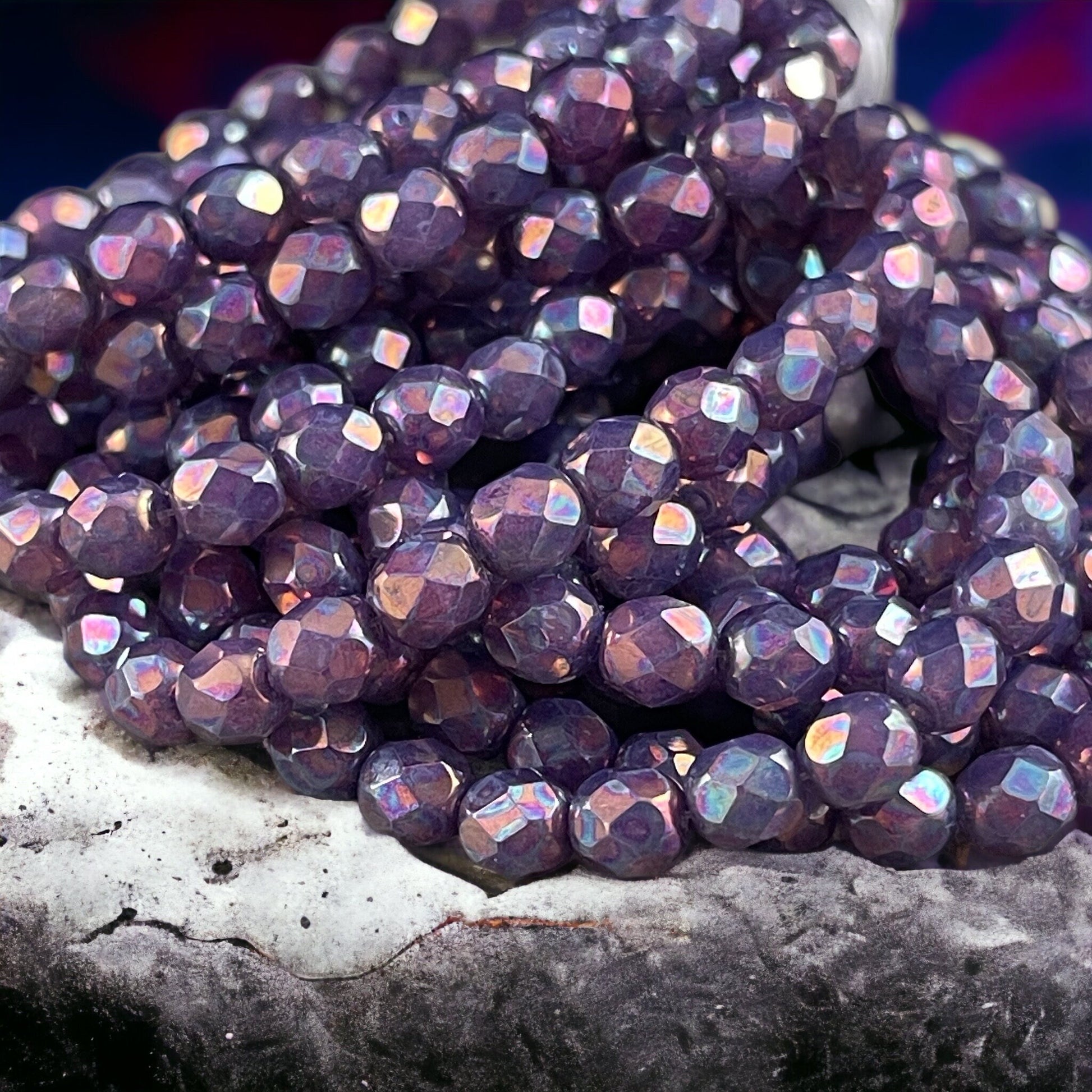 6mm Purple Glass with Mother of Pearl Finish ~ Purple Irridescent Faceted Round Czech Glass Fire Polished Beads (FP6/N-157) * Qty. 25