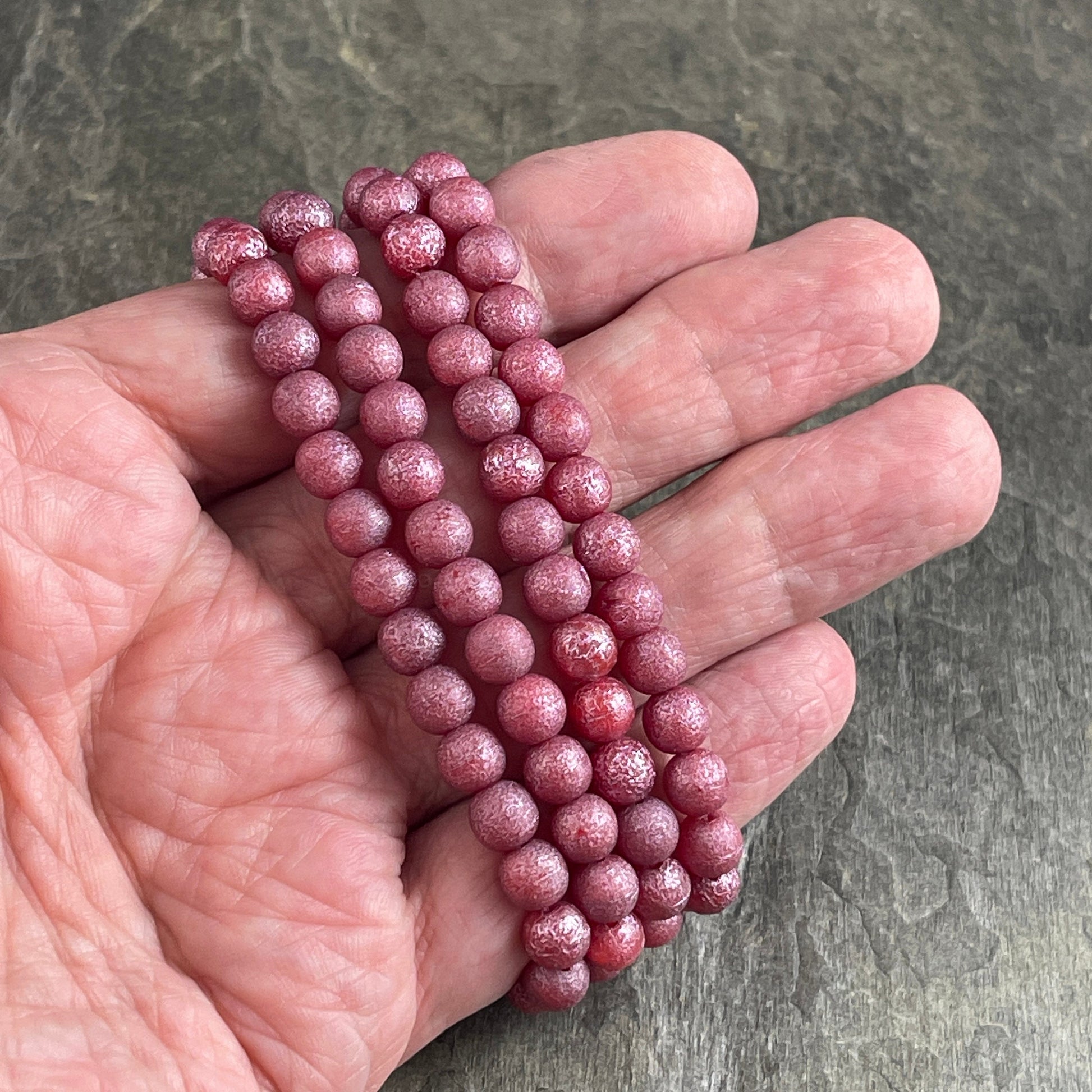 Pink Czech Glass Beads 6mm Round Glass Beads, Etched Finish Golden Luster and Metallic Pink Wash (D6/N-024) * Qty. 30