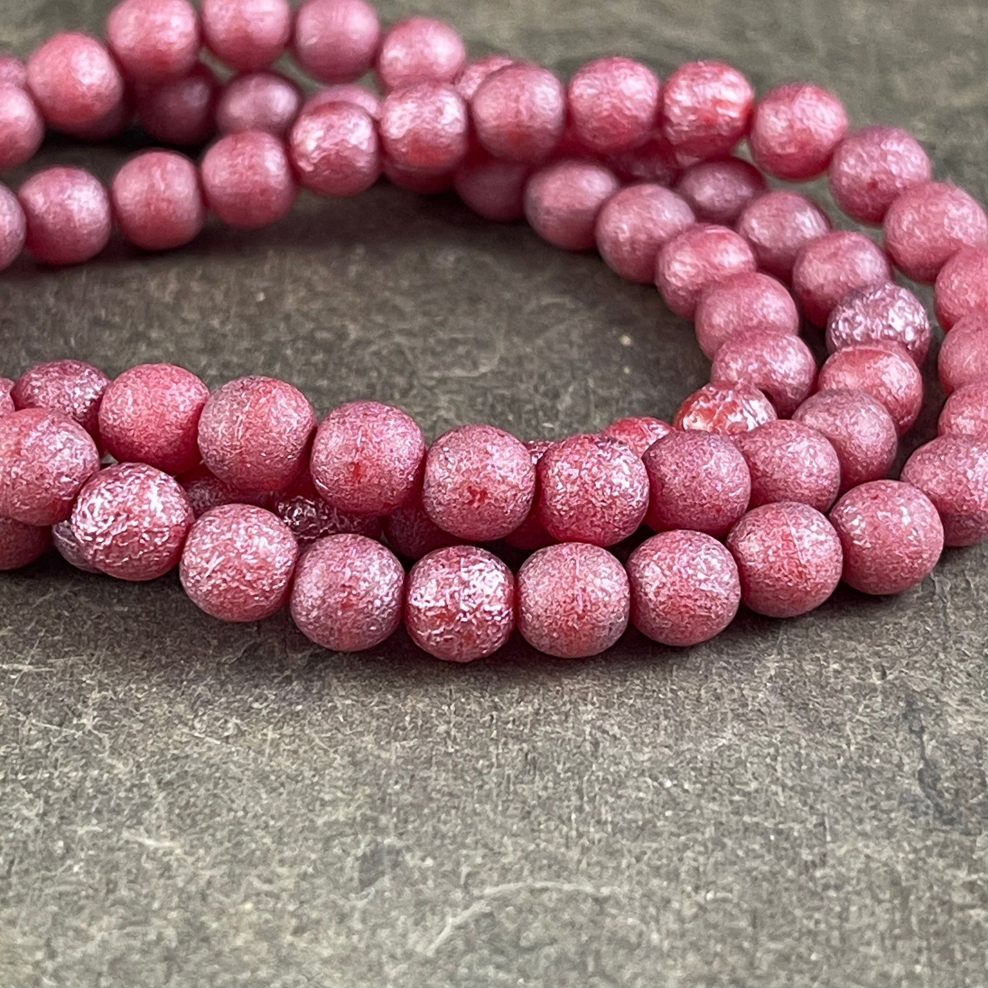 Pink Czech Glass Beads 6mm Round Glass Beads, Etched Finish Golden Luster and Metallic Pink Wash (D6/N-024) * Qty. 30