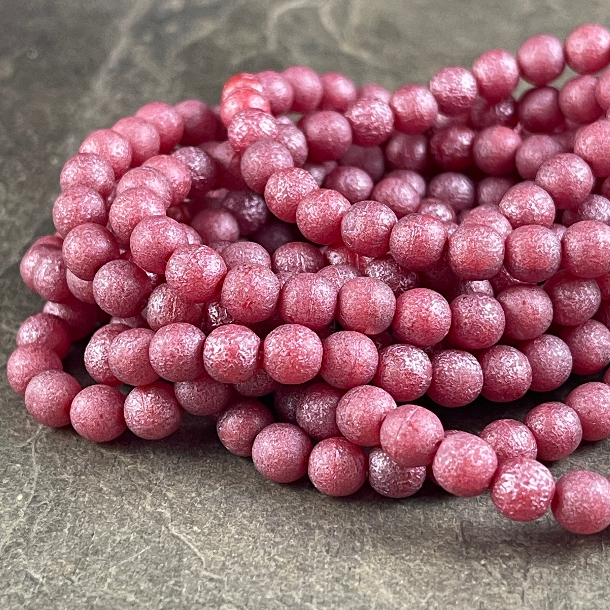 Pink Czech Glass Beads 6mm Round Glass Beads, Etched Finish Golden Luster and Metallic Pink Wash (D6/N-024) * Qty. 30