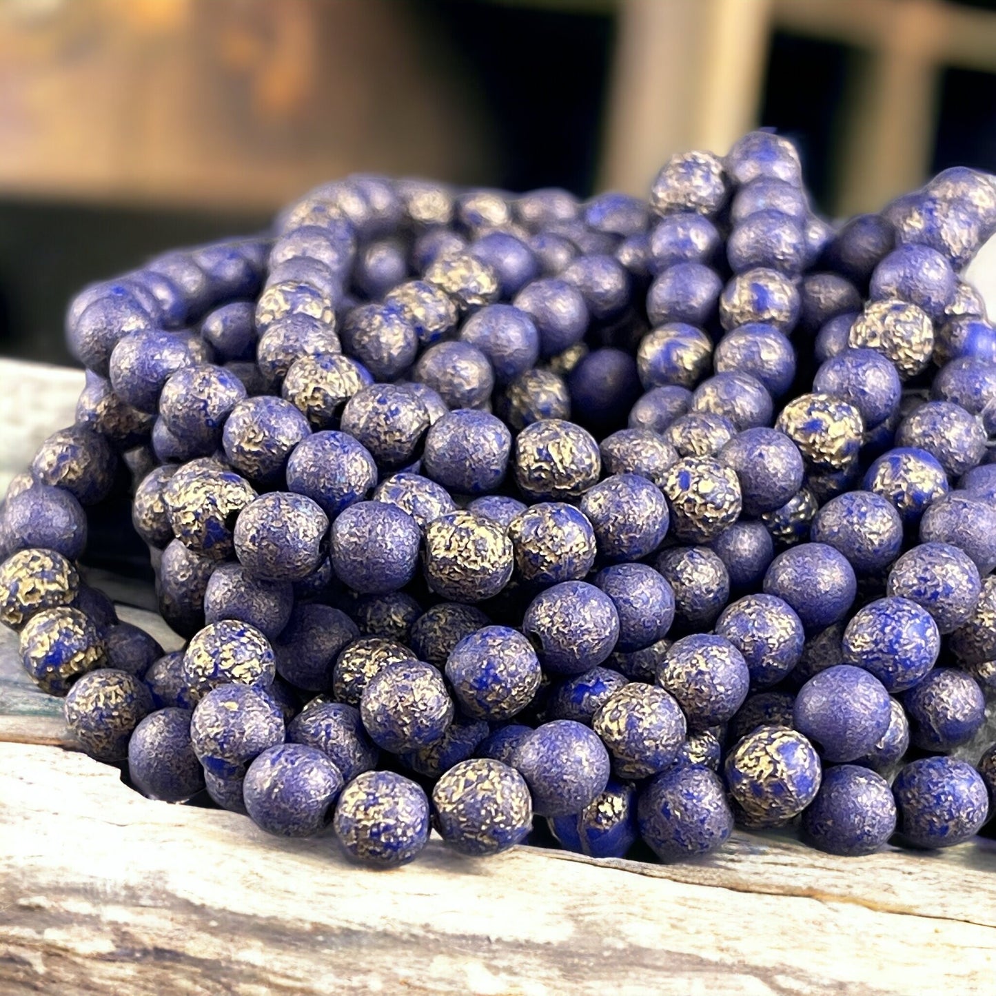 Purple Czech Glass Beads 6mm Round Glass Beads Indigo Glass with Etched Finish and Gold Wash (D6/N-025) * Qty. 30