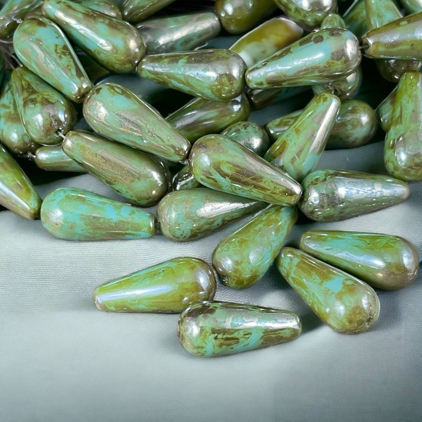 20x9mm Turquoise Teardrop Beads ~ Czech Glass Beads ~ Elongated Teardrop Turquoise with Bronze Luster Picasso (DRO/N-0649) * Qty. 6