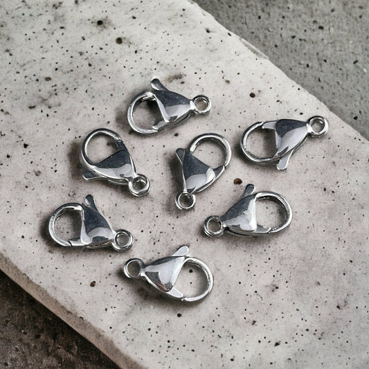 15mm Platinum Silver Lobster Clasps ~ 15x9mm Stainless Steel Lobster Claw Clasp (F182-01P) * Qty. 10