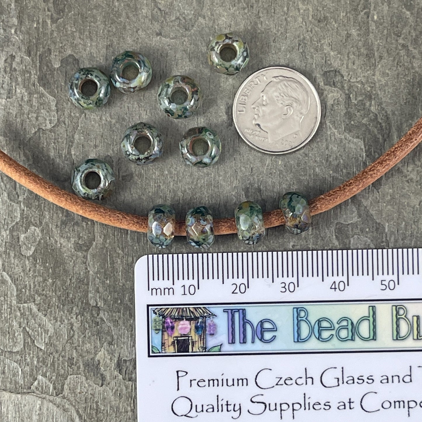 Large Hole Rondelles 9x6mm Roller Beads with 3.5mm hole Czech Glass Beads - Green Picasso Beads (ROL/N-1061) * Qty. 10