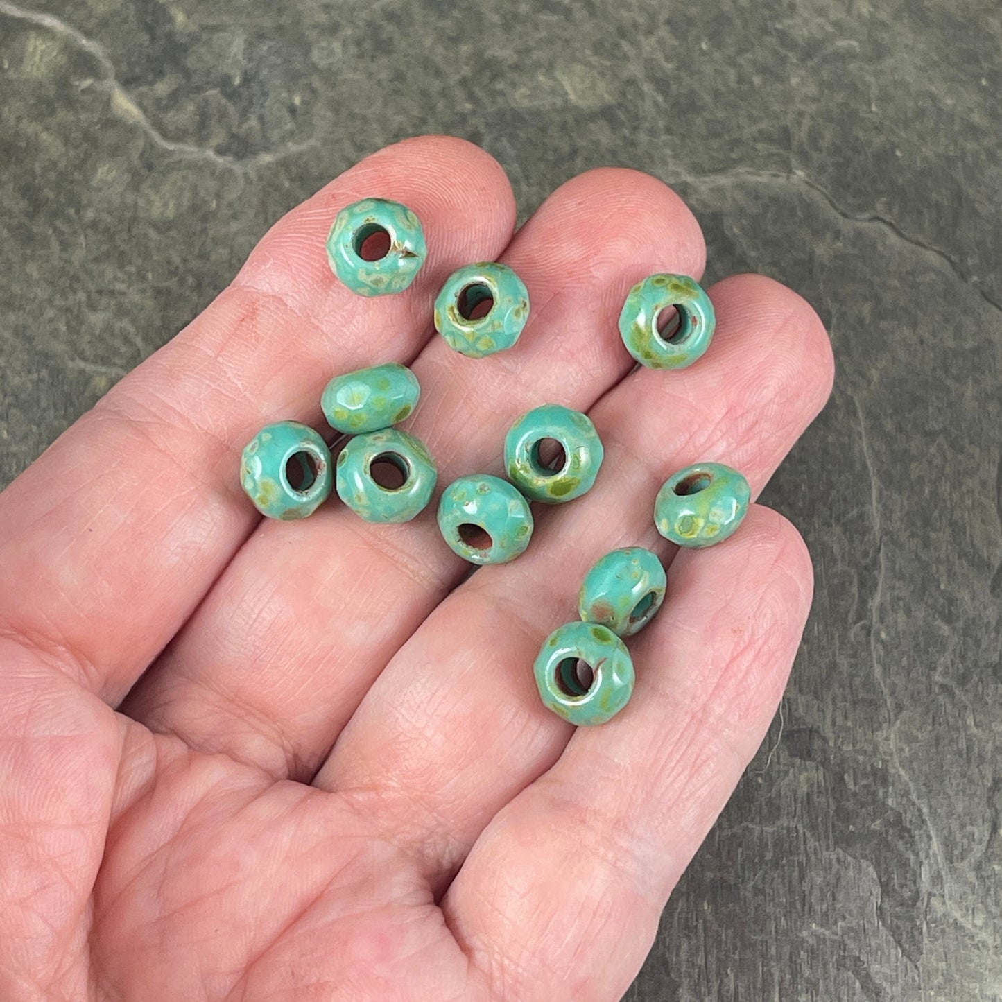 Large Hole Rondelles ~ 9x6mm Roller Beads with 3.5mm hole ~ Czech Glass Beads - Tea Green Turquoise Picasso Beads (ROL/N-0634) * Qty. 10