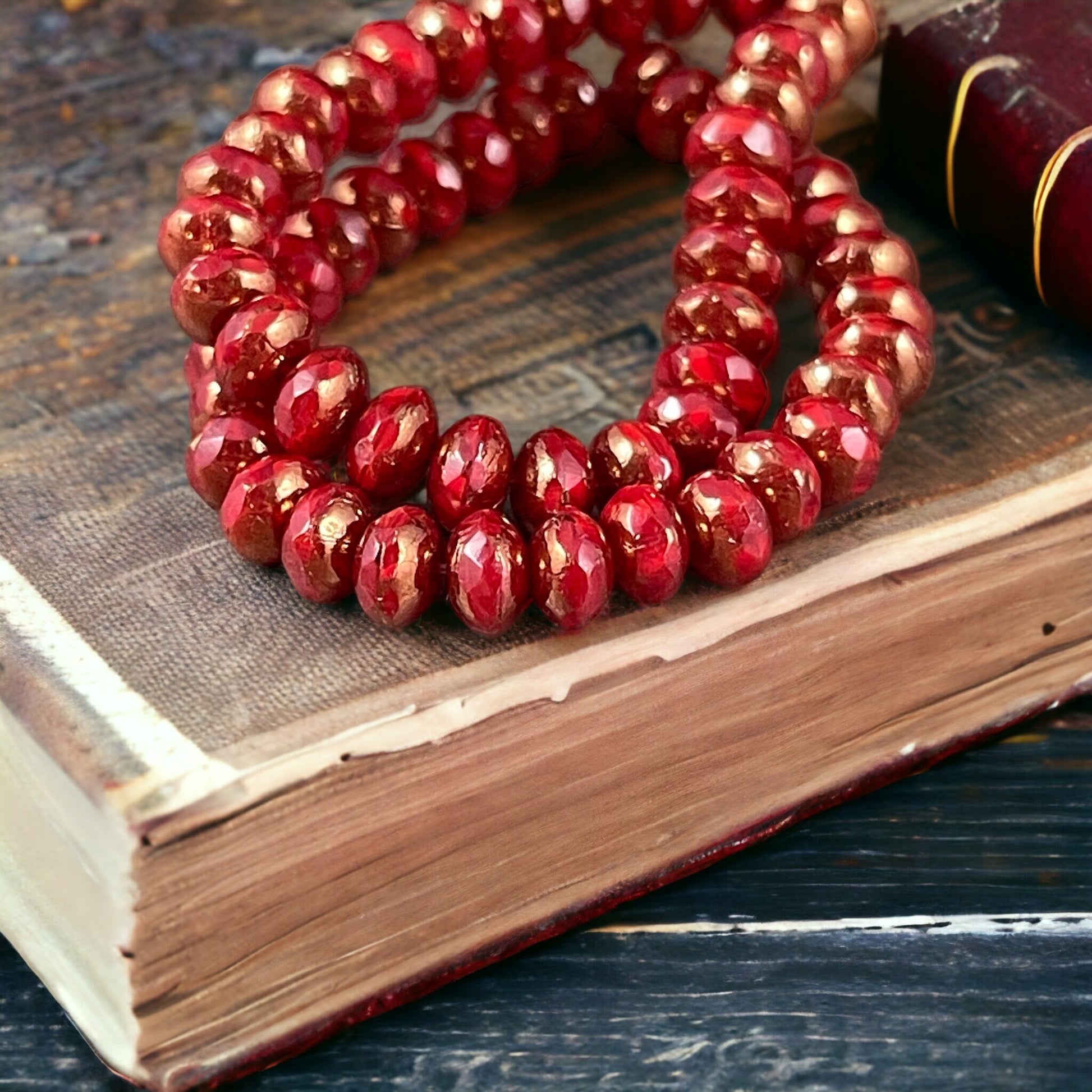 Dark Red Opaline Czech Glass Beads ~ 5x3mm Rondelle ~ Opaque Cranberry Red Glass with Bronze Picasso (R5/N-0262) * Qty. 30