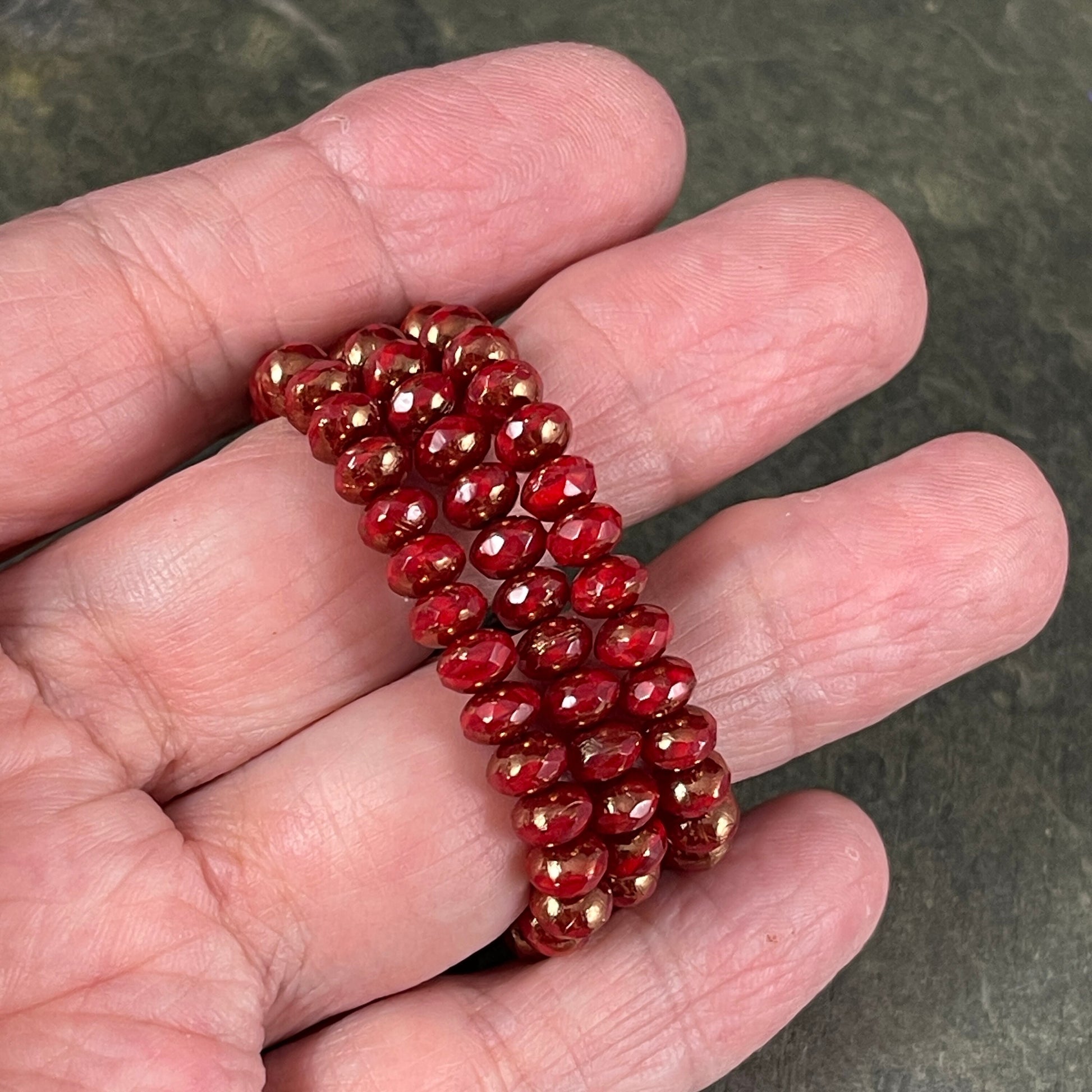 Dark Red Opaline Czech Glass Beads ~ 5x3mm Rondelle ~ Opaque Cranberry Red Glass with Bronze Picasso (R5/N-0262) * Qty. 30