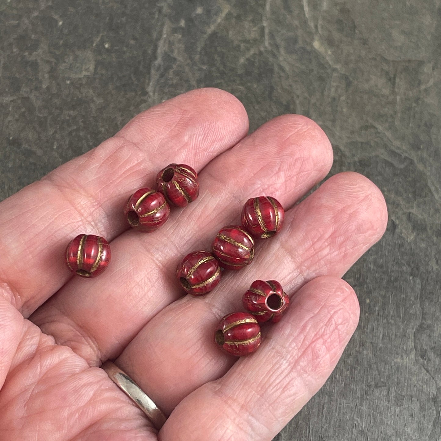 8mm Large Hole Melon Beads Opaque Red with Bronze Wash Lady Bug and Ruby Red Round Glass Beads Czech Glass Beads (BH8/N-139) * Qty 10