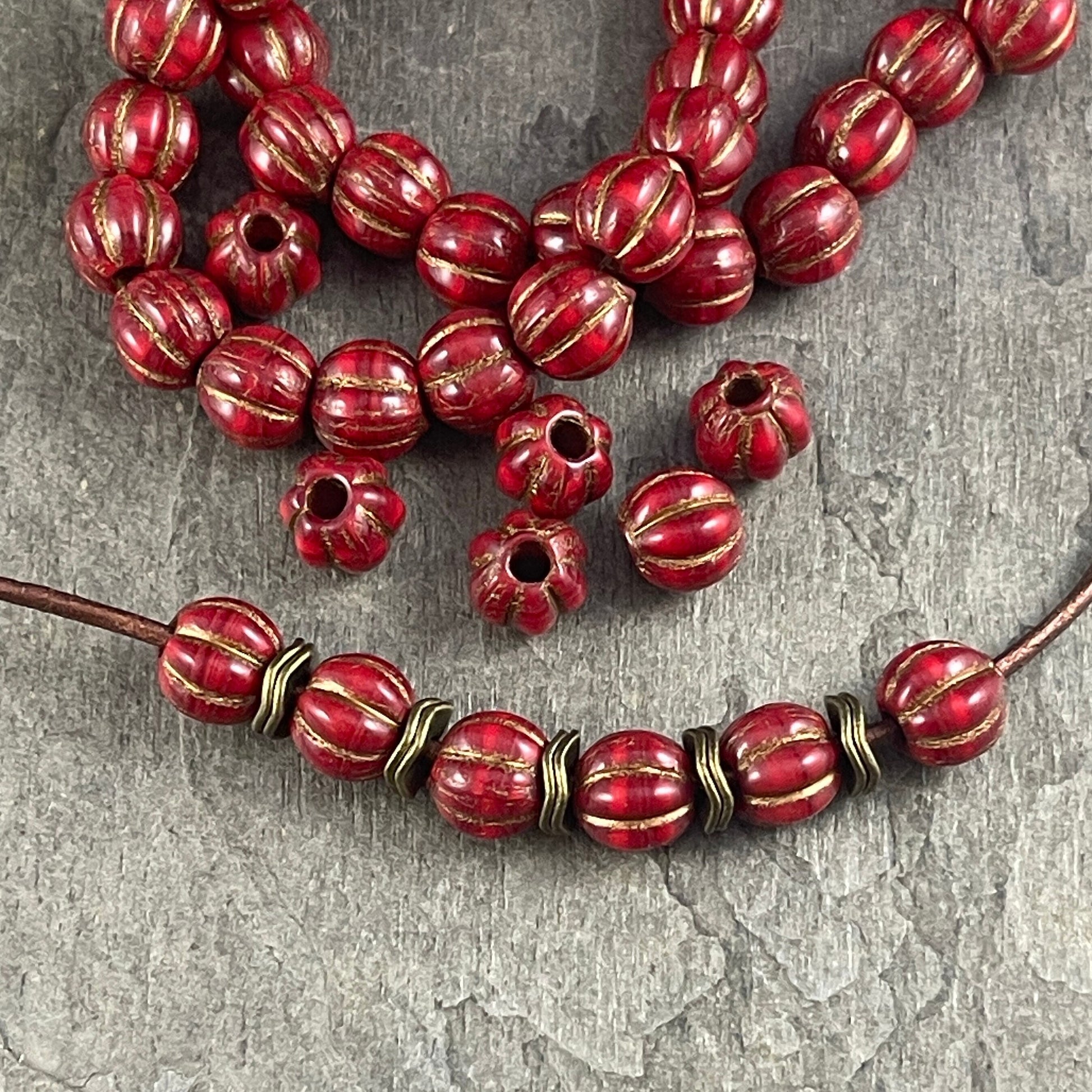 8mm Large Hole Melon Beads Opaque Red with Bronze Wash Lady Bug and Ruby Red Round Glass Beads Czech Glass Beads (BH8/N-139) * Qty 10