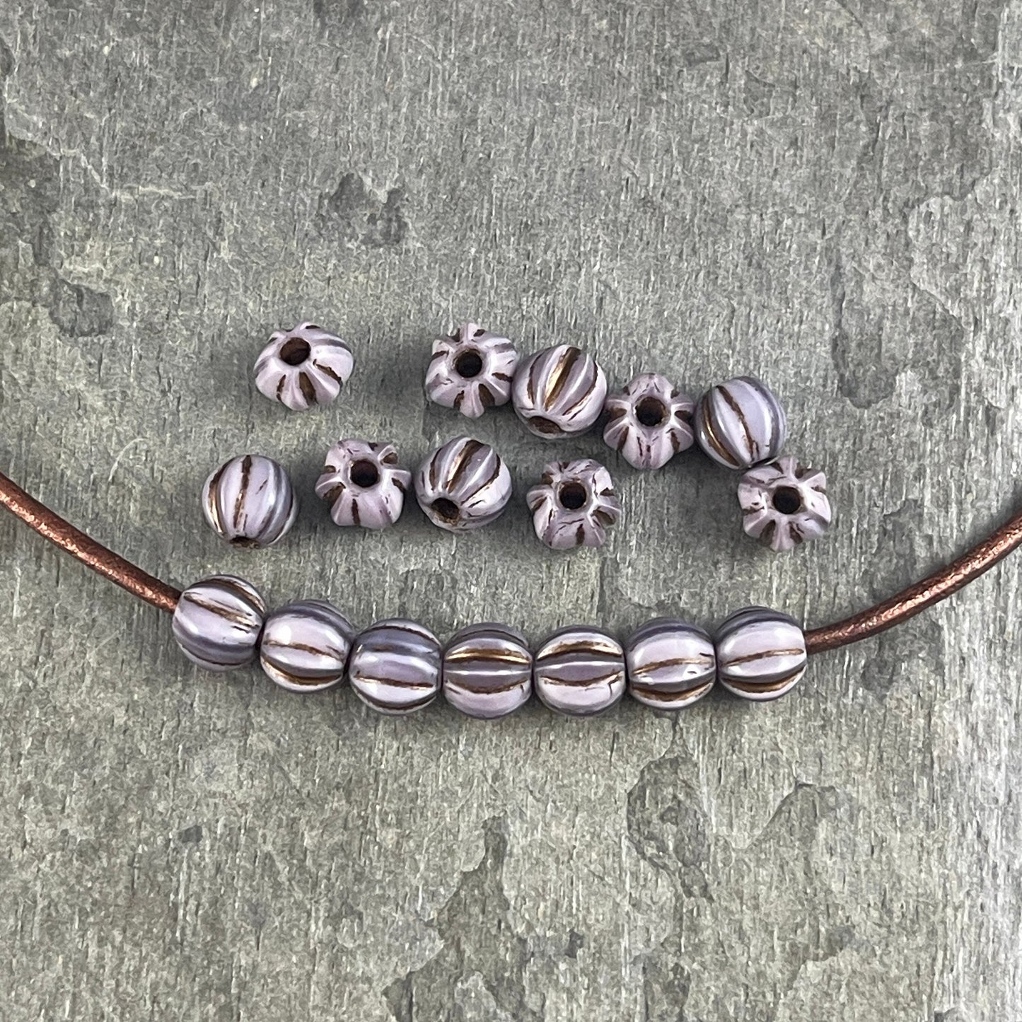 6mm Large Hole Melon ~ Thistle Purple Round Melon Beads with Bronze Wash ~ Large Hole Lavender Czech Glass Beads (BH6/N-137) * Qty 25