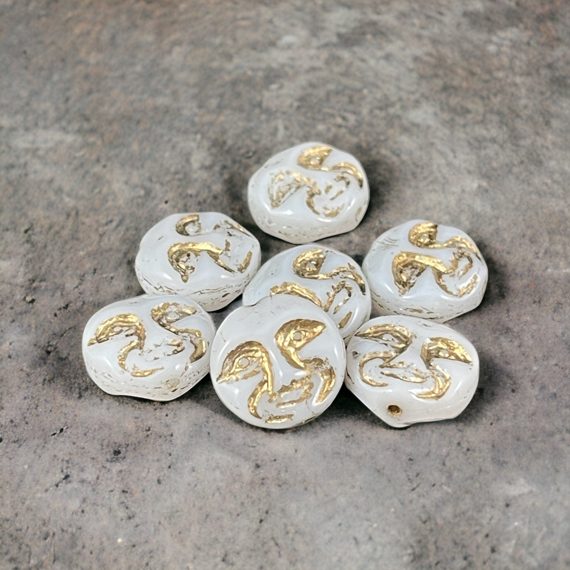 Man in the Moon Moon Face Beads Czech Glass Moon Beads Opaque White with Gold Wash (MOON/RJ-4739) * Qty. 6