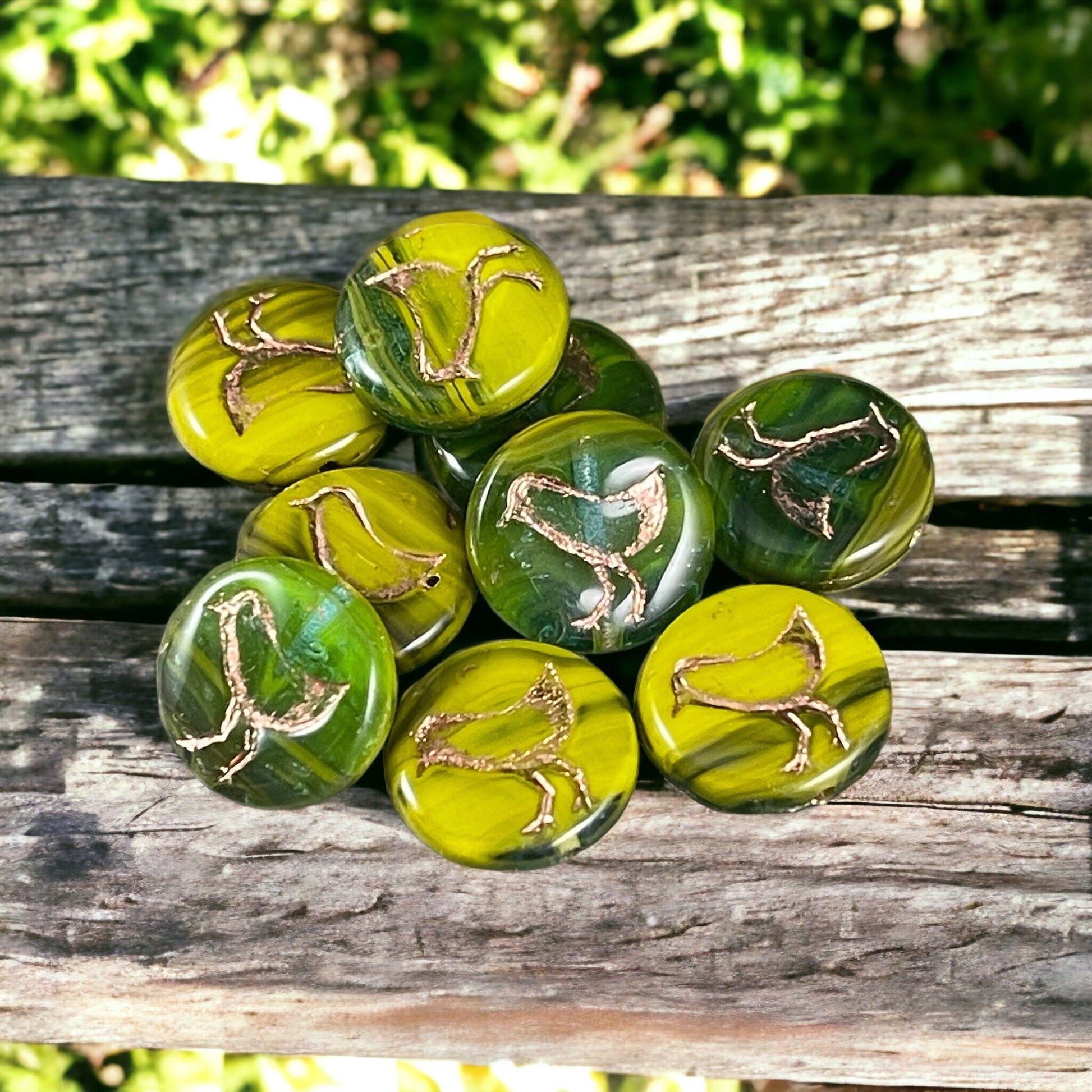 Two-Tone Green Czech Glass Coin Beads Bird Theme Nature Beads Emerald and Chartreuse Green 12mm Coin Beads (COIN/RJ-4706) * Qty. 10