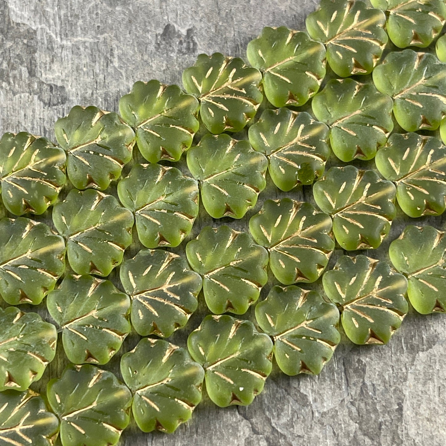 Green Maple Leaf Beads ~ Matte Peridot Green Czech Glass Leaf Beads ~ 10x13mm Olive Green Leaf with Gold Wash (ML30) * Qty. 12