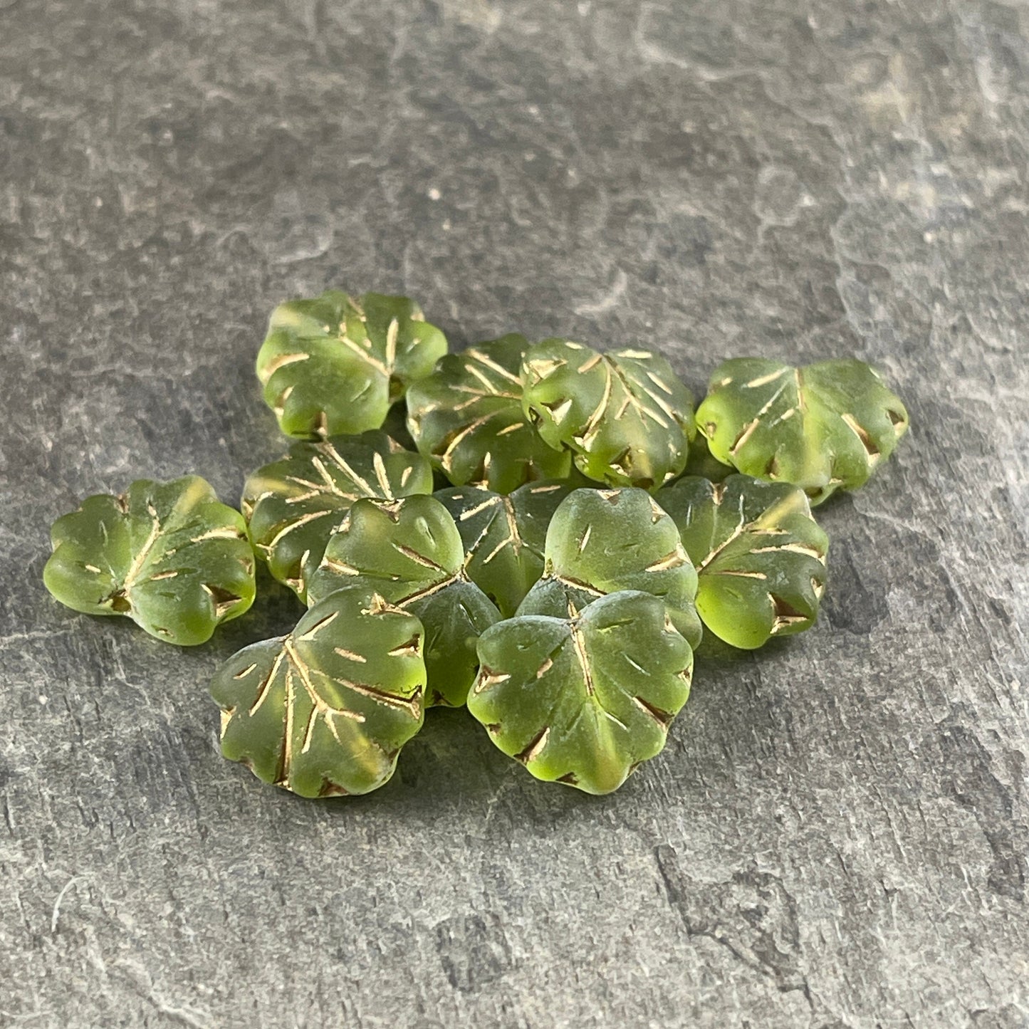 Green Maple Leaf Beads ~ Matte Peridot Green Czech Glass Leaf Beads ~ 10x13mm Olive Green Leaf with Gold Wash (ML30) * Qty. 12