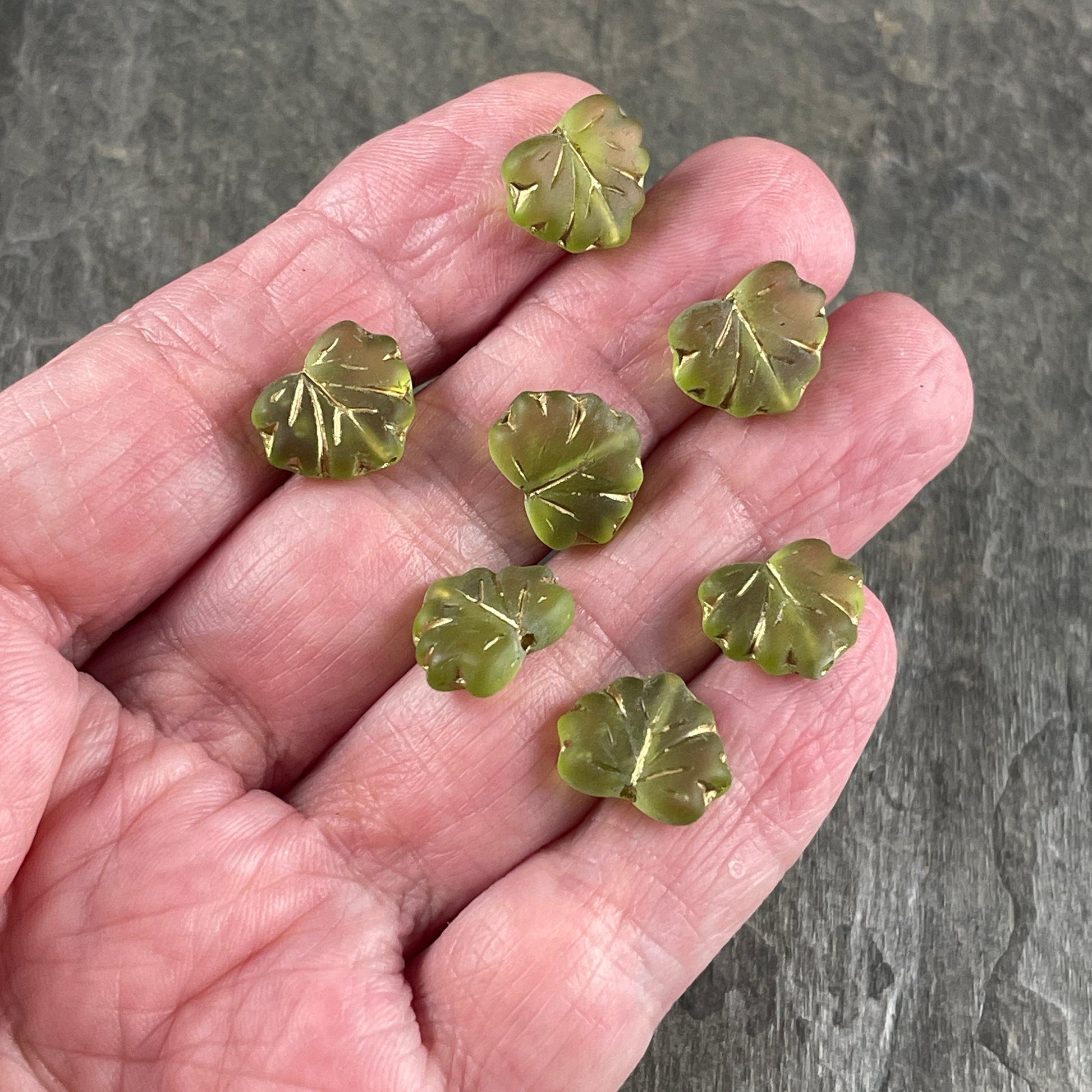 Green Maple Leaf Beads ~ Matte Peridot Green Czech Glass Leaf Beads ~ 10x13mm Olive Green Leaf with Gold Wash (ML30) * Qty. 12