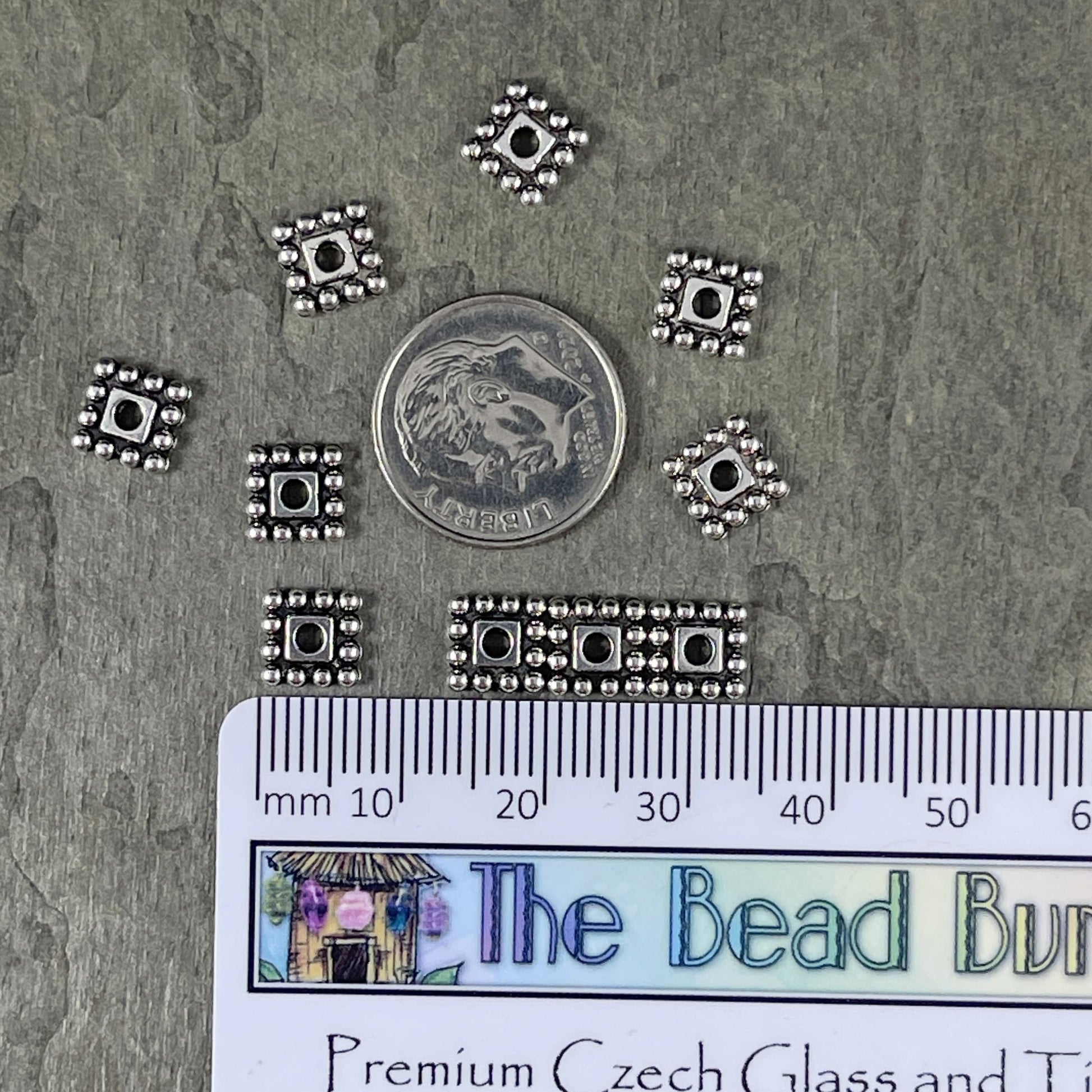 7mm Square Metal Spacer Beads Antiqued Silver Flat Square Spacer Nickel Free Alloy Metal (00697-AS) * Qty. 50