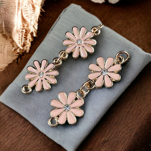 Enamel Floral Connector Pink Flower Links ~ Pale Peachy Pink and Gold 15x22mm Pink Daisy Connector (1512-9547) * Set of 2