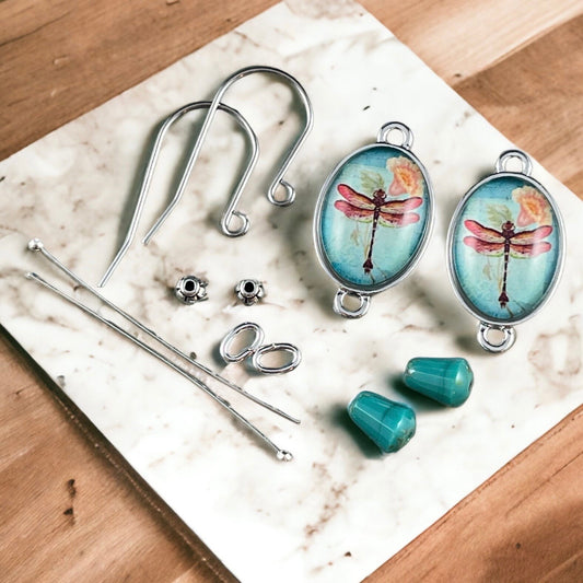 Dragonfly Cabochon Earring Kit Turquoise and Orange Beads with Dragonfly Link DIY Earrings * 1 Kit Complete with Ear Wires and Findings