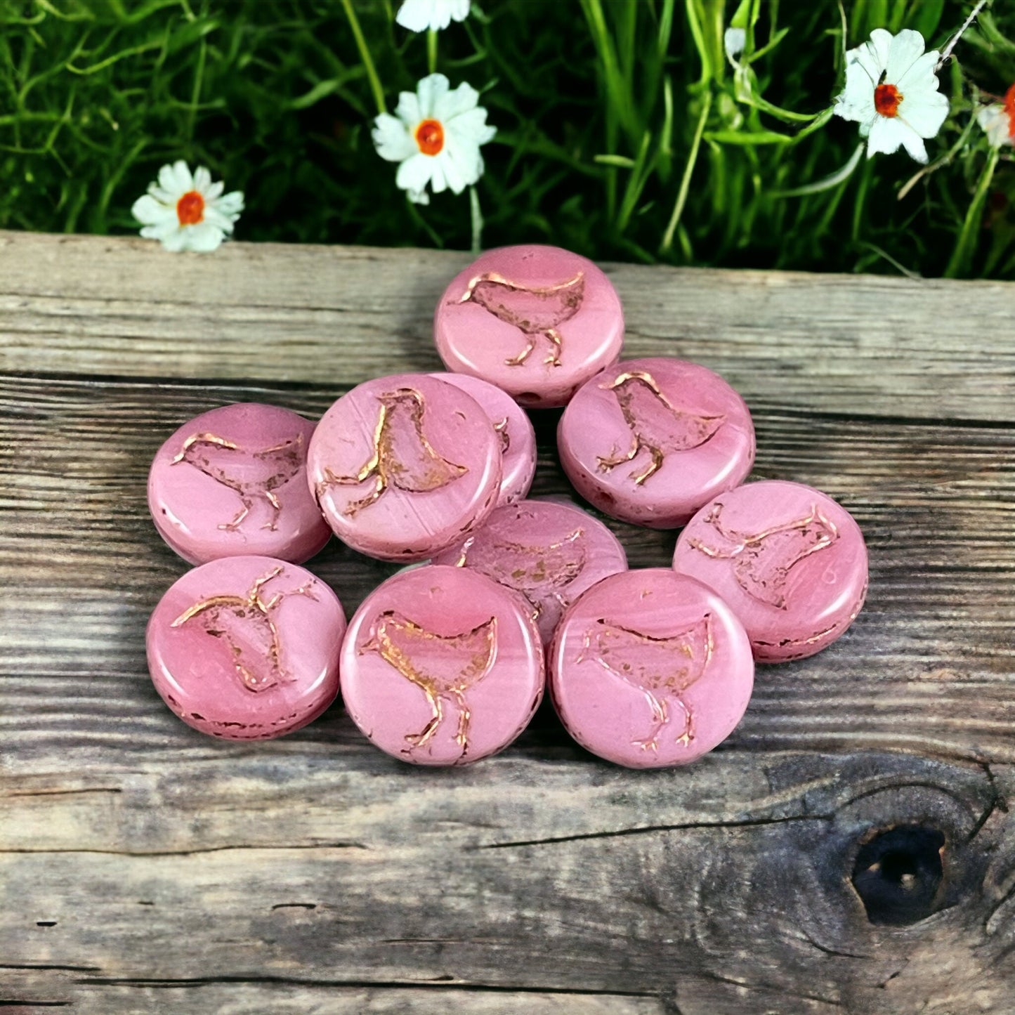 Pink Czech Glass Beads Bird Theme Beads Nature Beads Silky Pastel Pink Czech Beads 12mm Coin Beads (COIN/RJ-4704) * Qty. 10