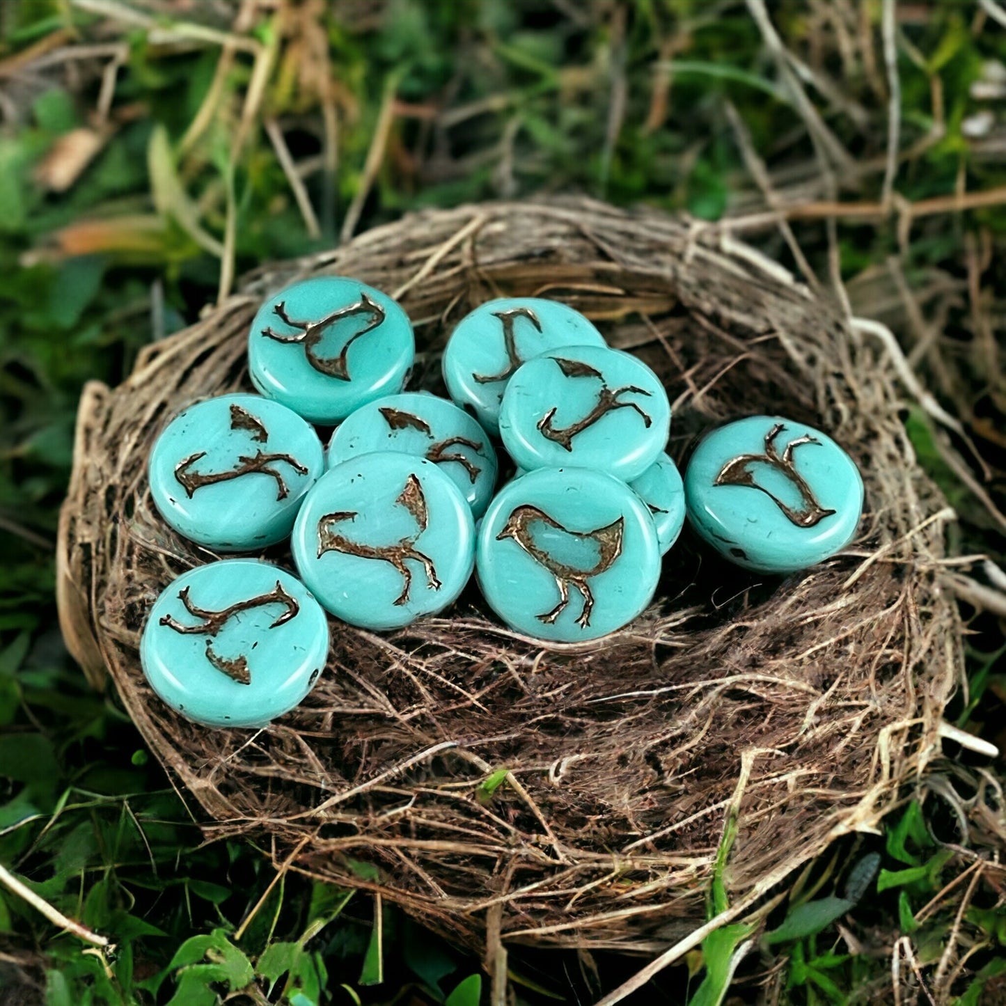 Turquoise and Bronze Bird Theme Beads Nature Beads Turquoise Green Czech Glass Beads 12mm Czech Glass Coin (COIN/RJ-4710) * Qty. 10