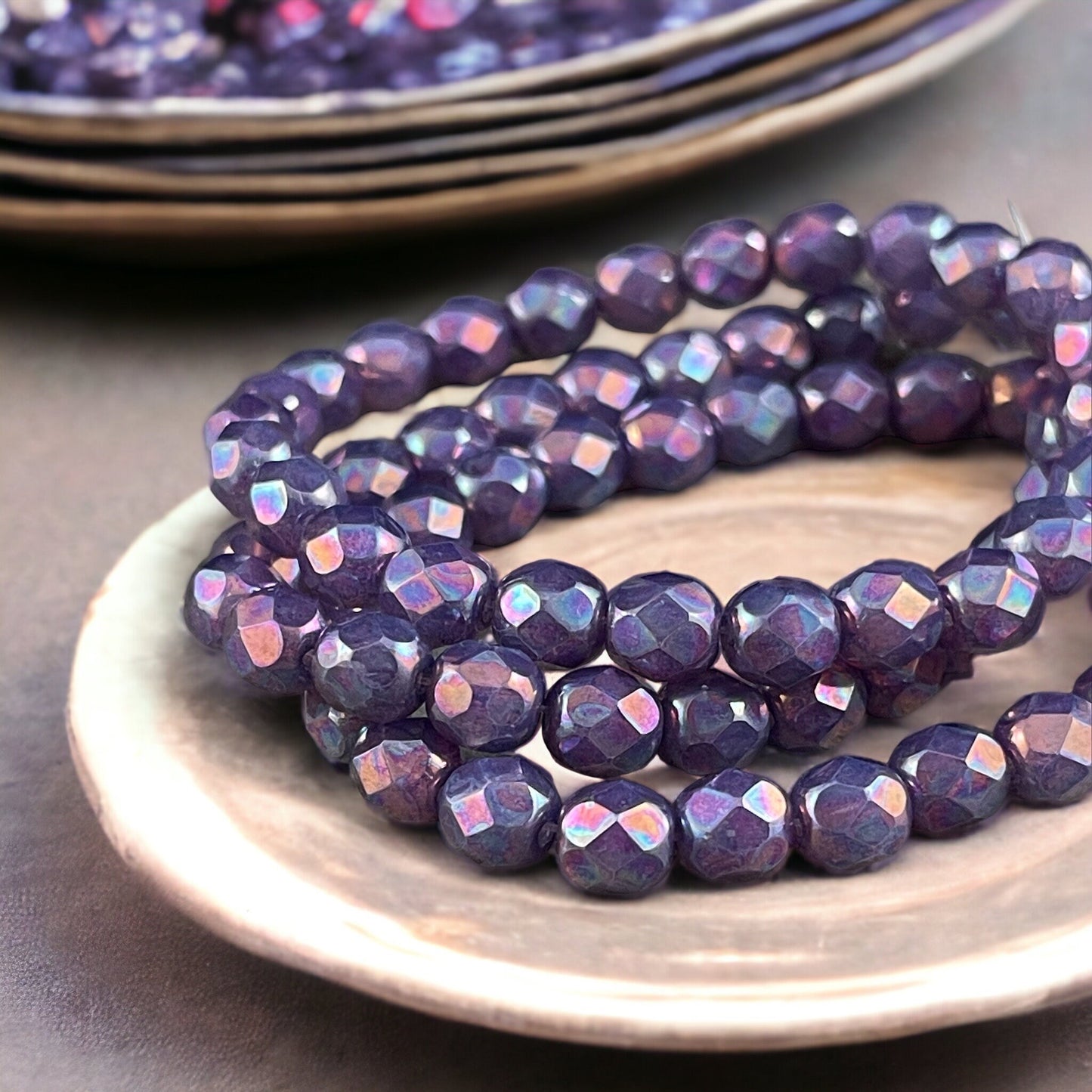 6mm Purple Glass with Mother of Pearl Finish ~ Purple Irridescent Faceted Round Czech Glass Fire Polished Beads (FP6/N-157) * Qty. 25