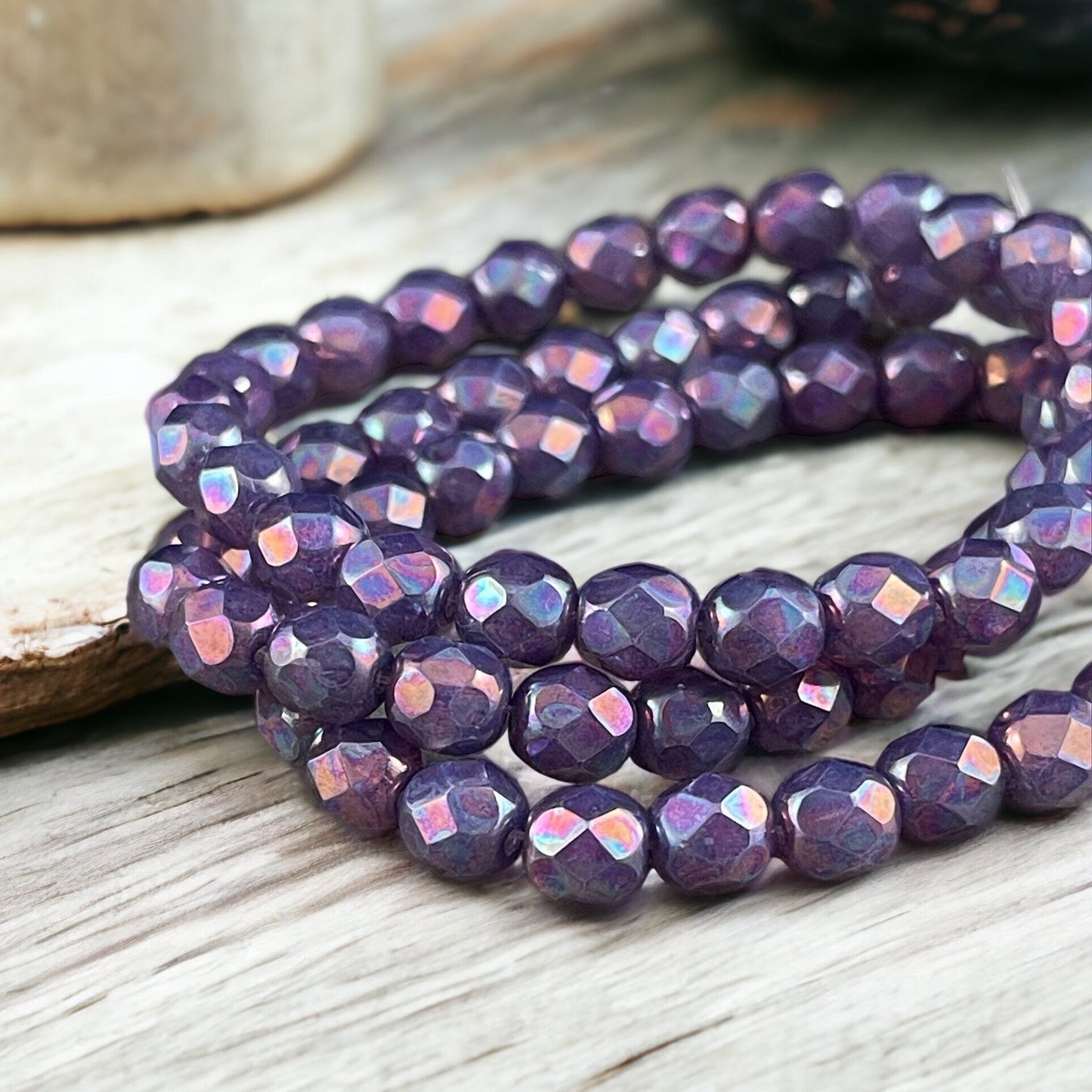 6mm Purple Glass with Mother of Pearl Finish ~ Purple Irridescent Faceted Round Czech Glass Fire Polished Beads (FP6/N-157) * Qty. 25