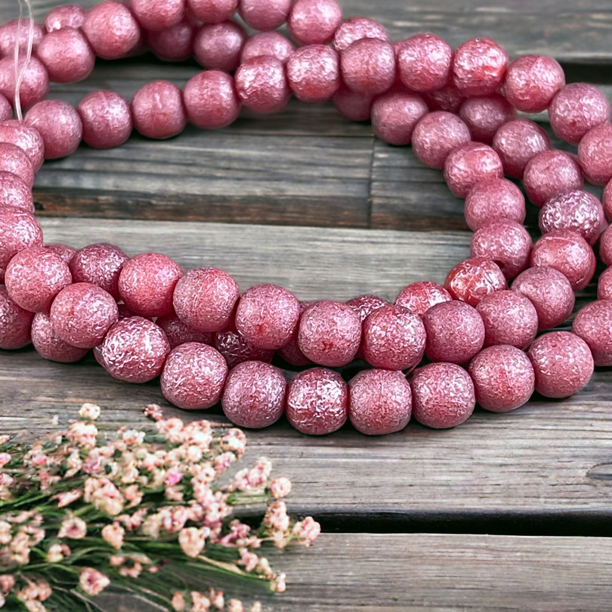 Pink Czech Glass Beads 6mm Round Glass Beads, Etched Finish Golden Luster and Metallic Pink Wash (D6/N-024) * Qty. 30