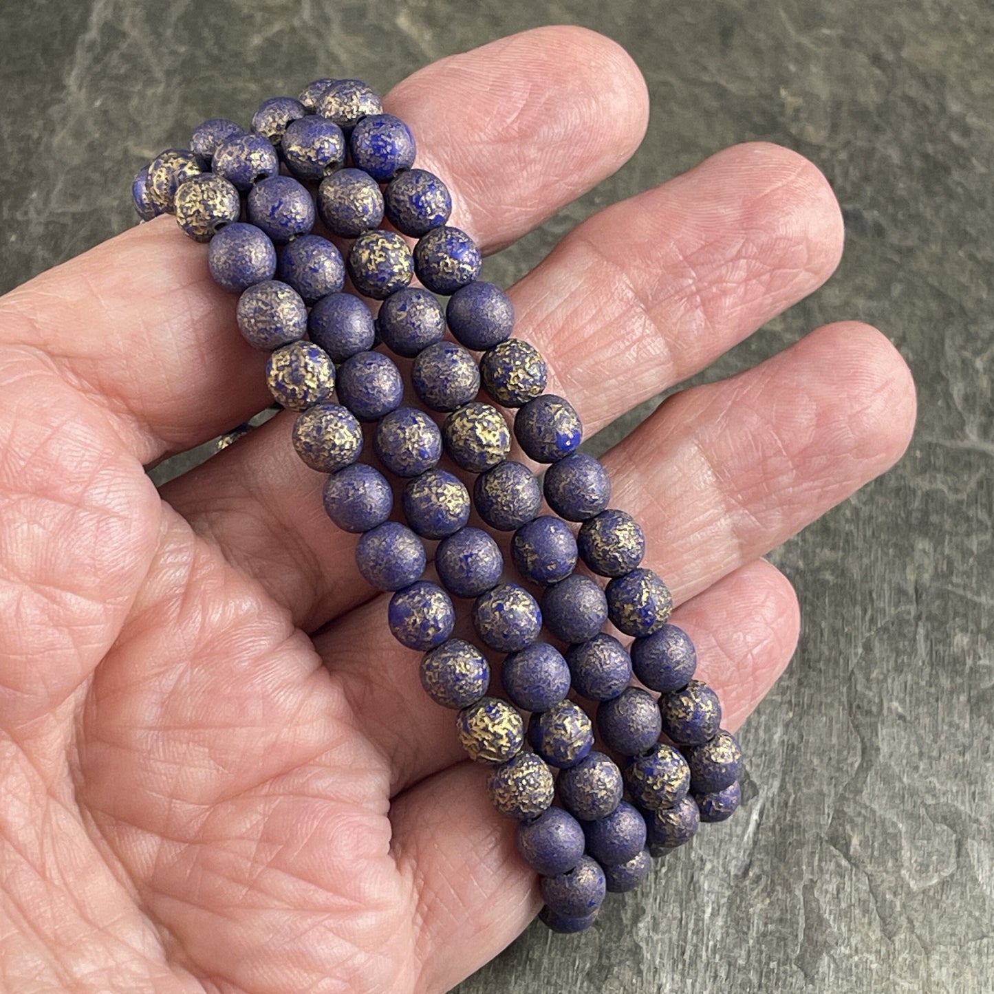 Purple Czech Glass Beads 6mm Round Glass Beads Indigo Glass with Etched Finish and Gold Wash (D6/N-025) * Qty. 30