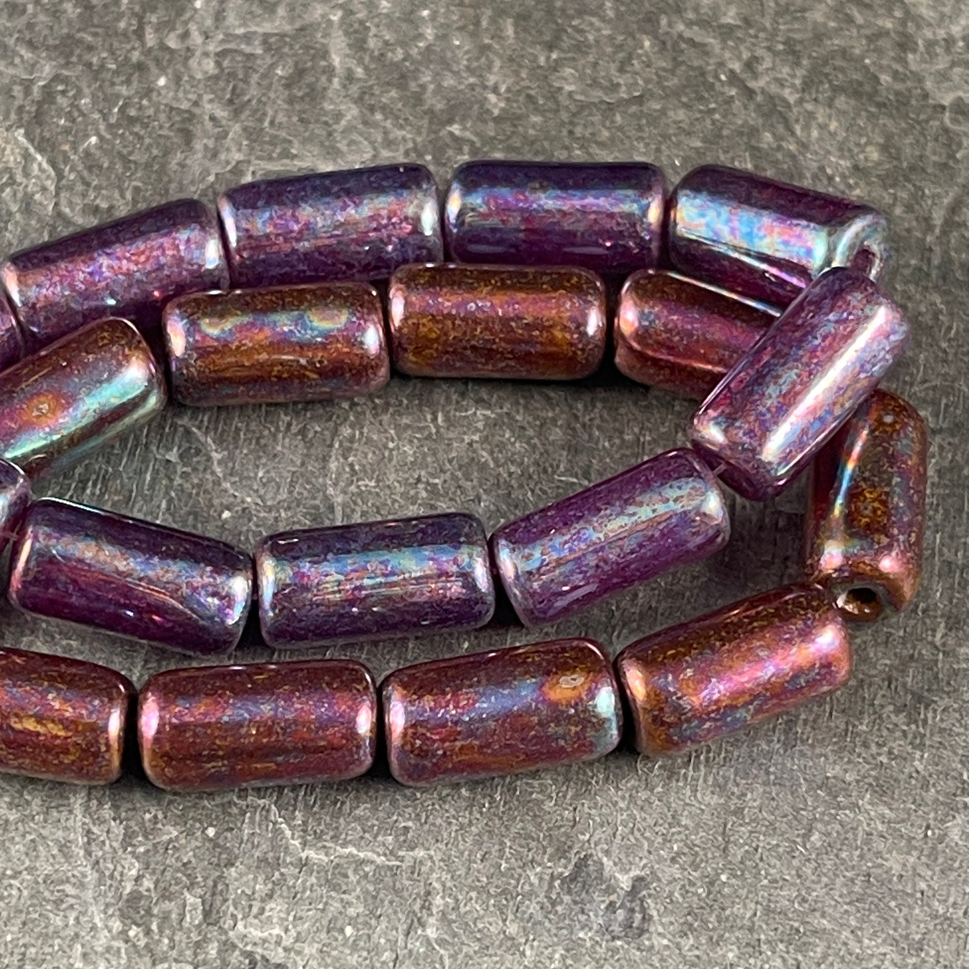 Czech Glass Beads ~ 14x7mm Large Hole Glass Tube Bead ~ Purple Glass with Mother of Pearl Finish ~ 2mm Hole (TUBE/N-0953) * Qty. 10