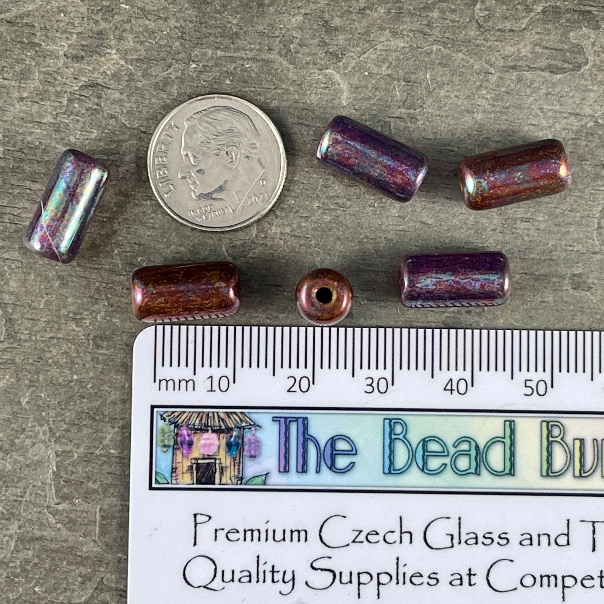 Czech Glass Beads ~ 14x7mm Large Hole Glass Tube Bead ~ Purple Glass with Mother of Pearl Finish ~ 2mm Hole (TUBE/N-0953) * Qty. 10