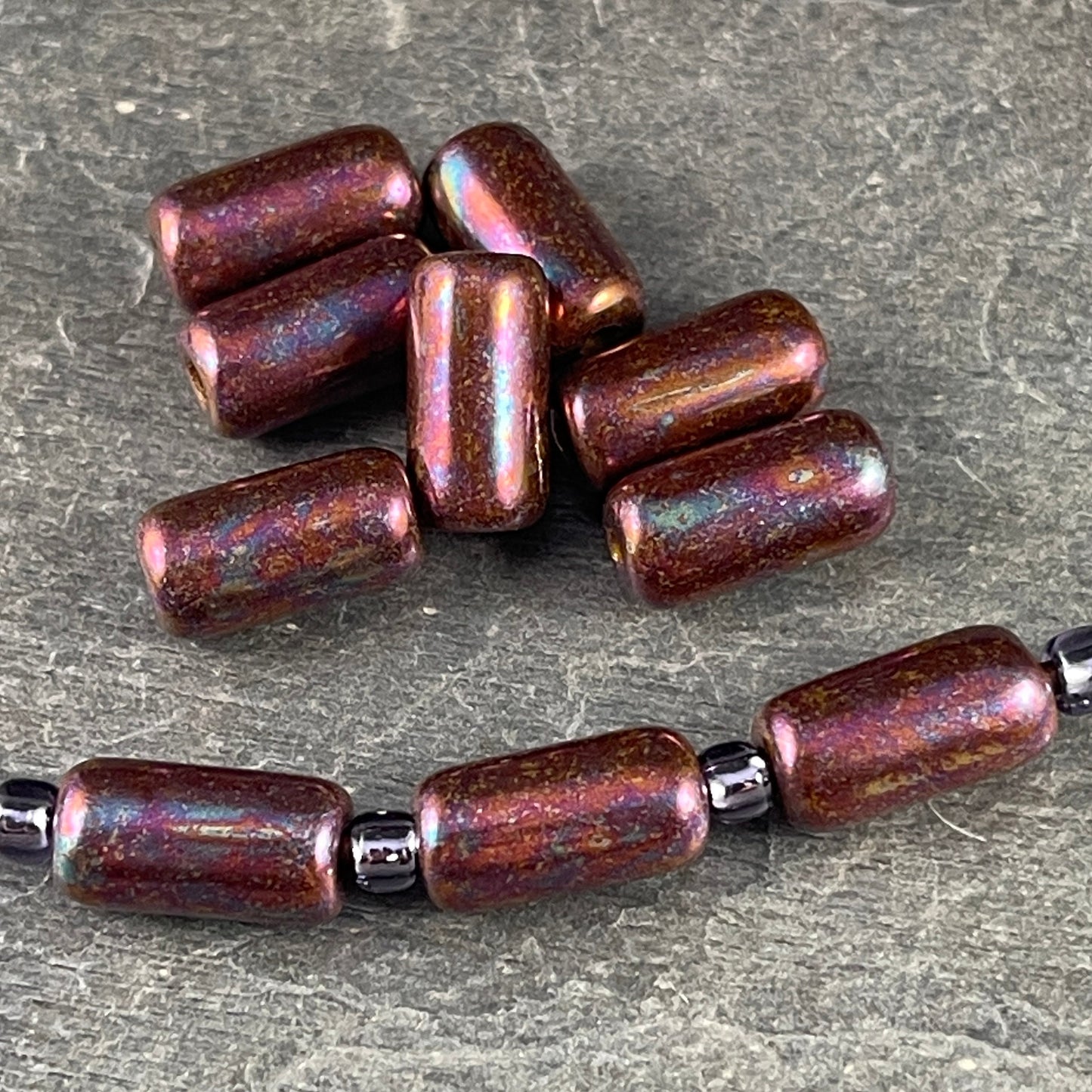 Czech Glass Beads ~ 14x7mm Large Hole Glass Tube Bead ~ Ruby Red Glass with Mother of Pearl Finish ~ 2mm Hole (TUBE/N-1739) * Qty. 10