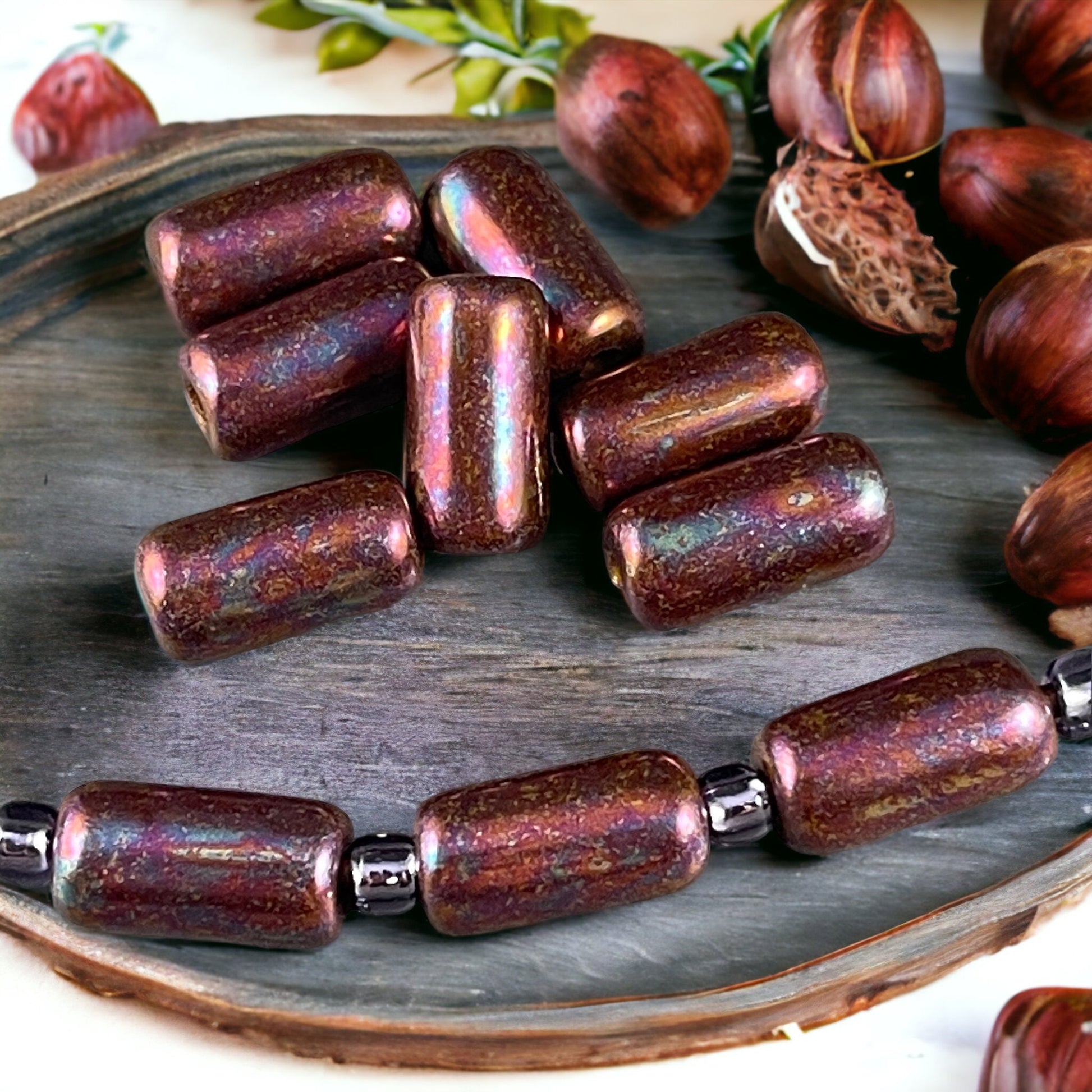 Czech Glass Beads ~ 14x7mm Large Hole Glass Tube Bead ~ Ruby Red Glass with Mother of Pearl Finish ~ 2mm Hole (TUBE/N-1739) * Qty. 10