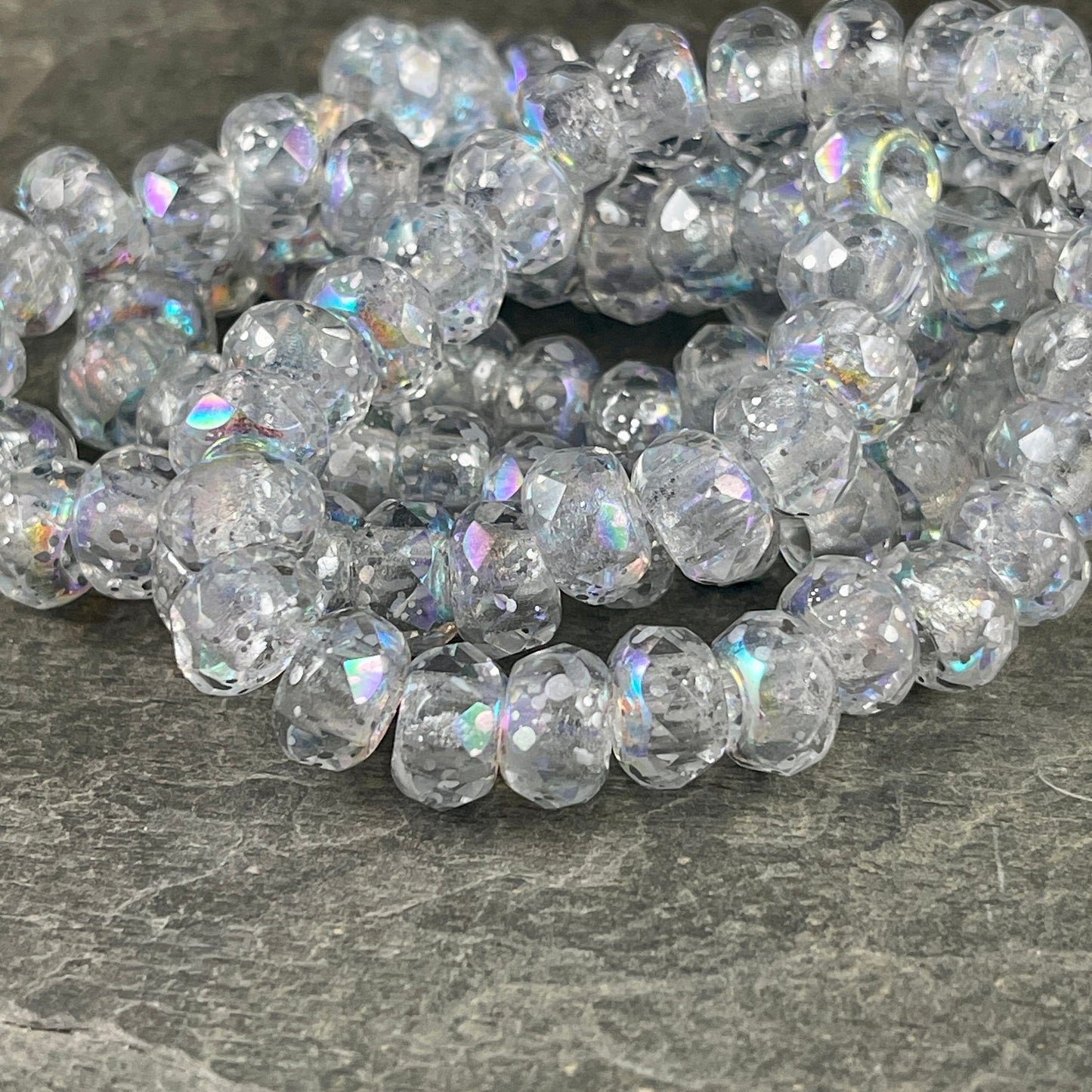 Crystal AB Large Hole Rondelles ~ 9x6mm Roller Beads with 3.5mm hole ~ Clear Glass With Silver Flecks and AB Finish (ROL/N-0608) * Qty. 10