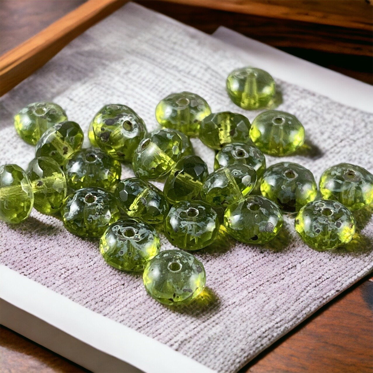 Transparent Olive Green Picasso Beads ~ 7x5mm Czech Glass Rondelle ~ Olive Green Glass Beads with Light Picasso (R7/RJ-0759) * Qty 25