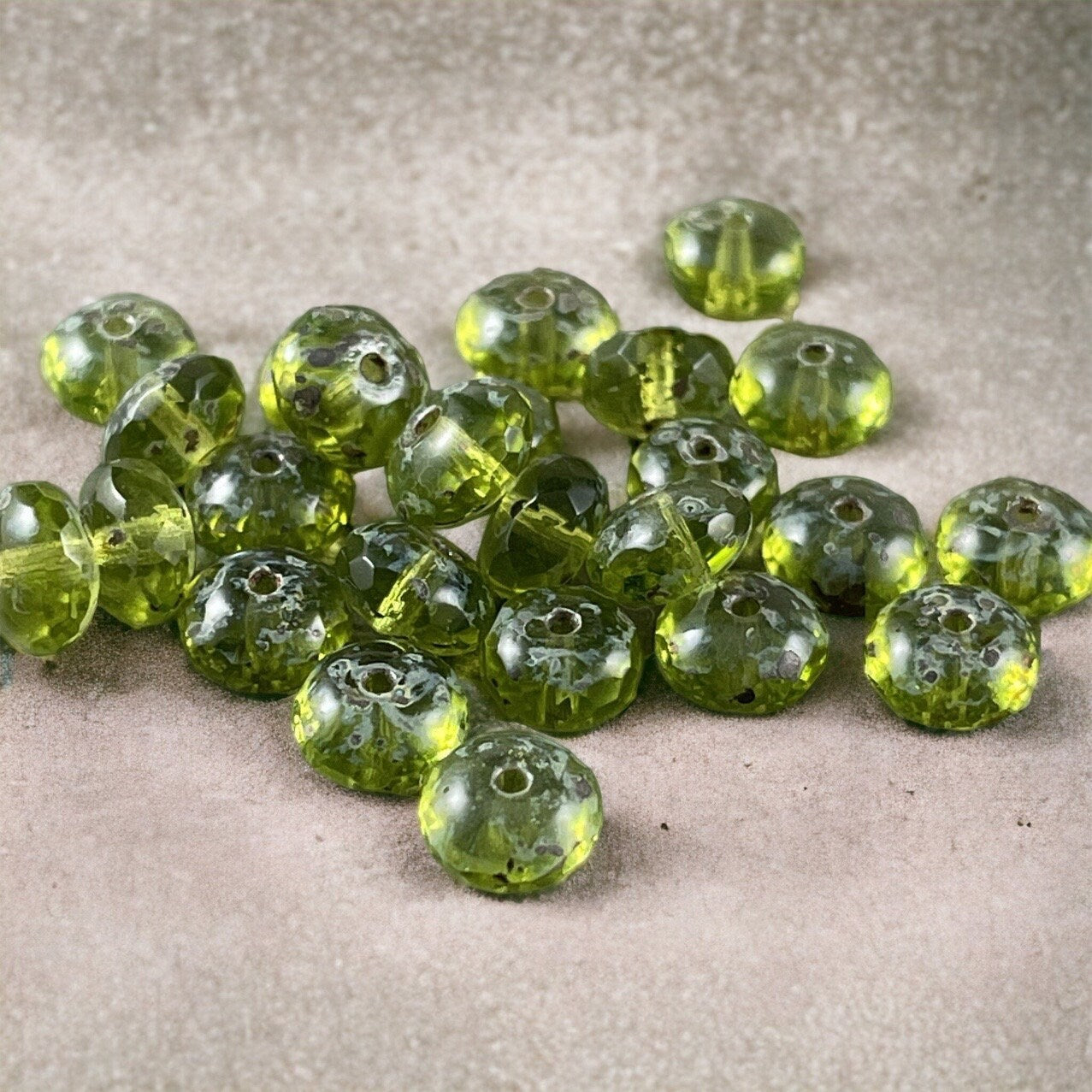 Transparent Olive Green Picasso Beads ~ 7x5mm Czech Glass Rondelle ~ Olive Green Glass Beads with Light Picasso (R7/RJ-0759) * Qty 25