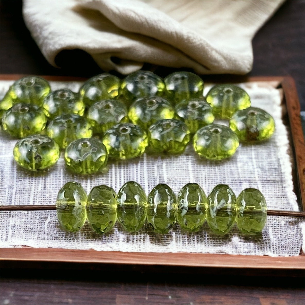 Transparent Olive Green Picasso Beads ~ 7x5mm Czech Glass Rondelle ~ Olive Green Glass Beads with Light Picasso (R7/RJ-0759) * Qty 25