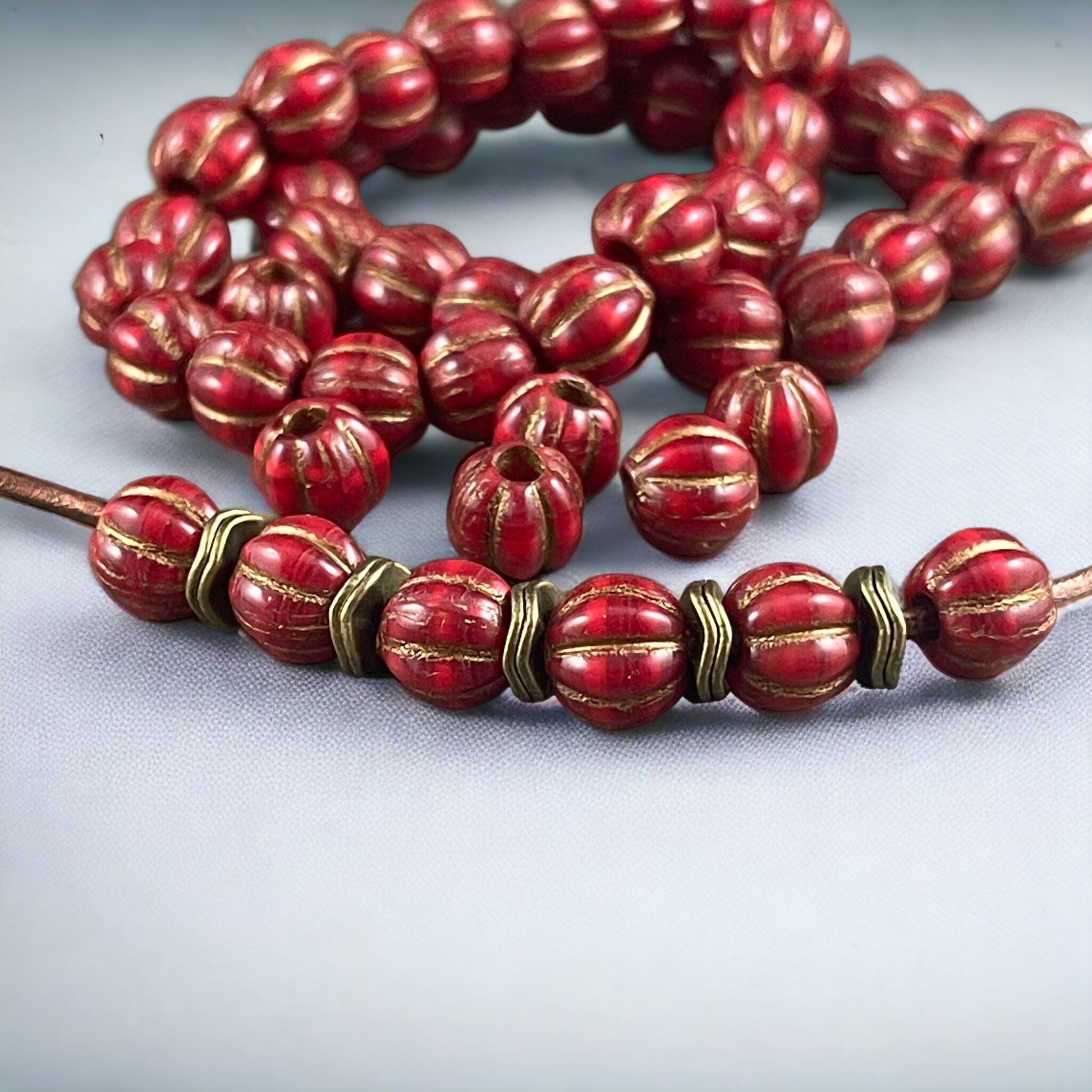 8mm Large Hole Melon Beads Opaque Red with Bronze Wash Lady Bug and Ruby Red Round Glass Beads Czech Glass Beads (BH8/N-139) * Qty 10