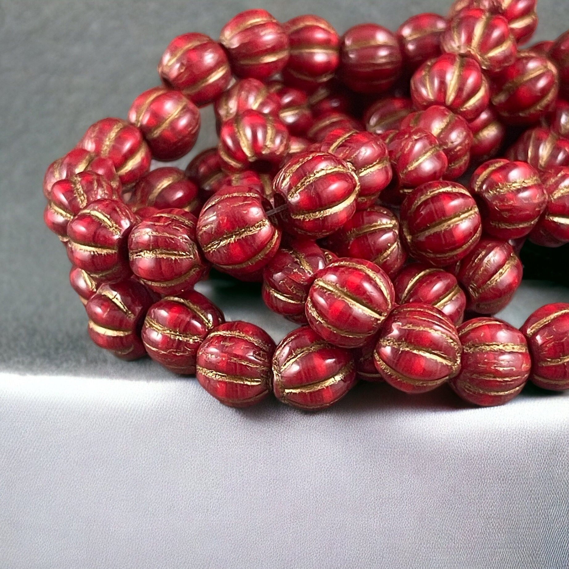 8mm Large Hole Melon Beads Opaque Red with Bronze Wash Lady Bug and Ruby Red Round Glass Beads Czech Glass Beads (BH8/N-139) * Qty 10